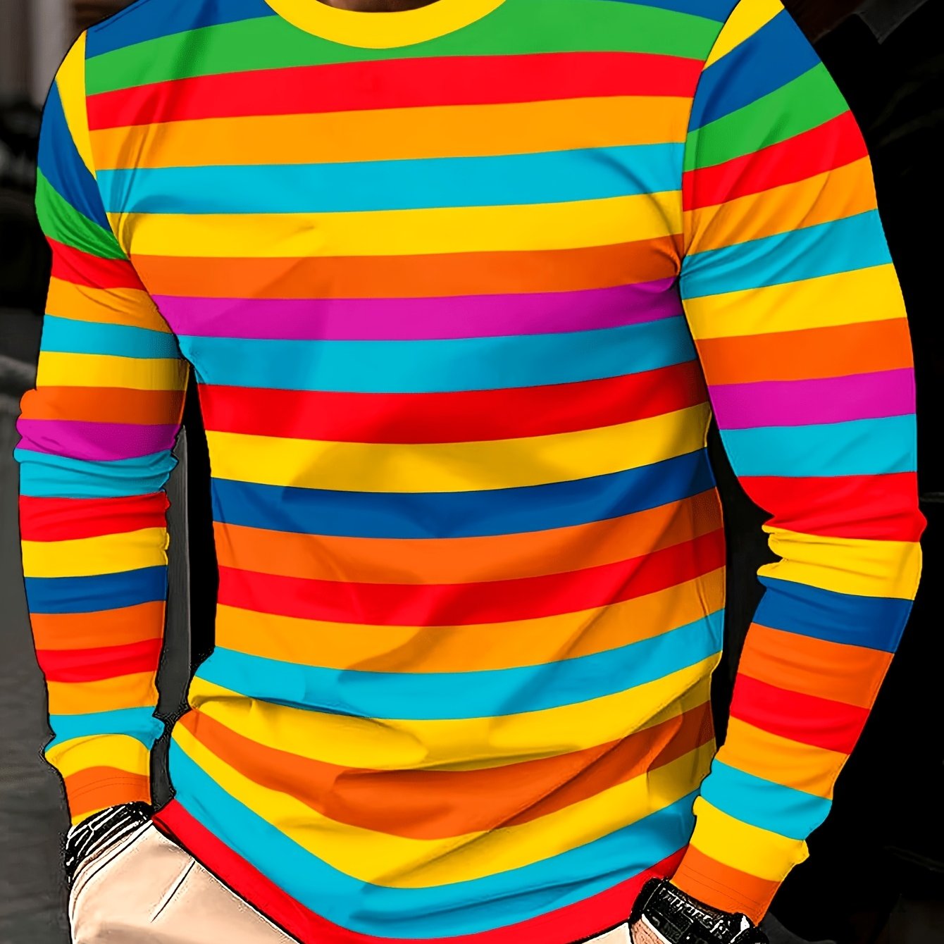 TEMU Men's Casual Autumn Printed Long Sleeve Round Neck T-shirt With Colorful Stripes