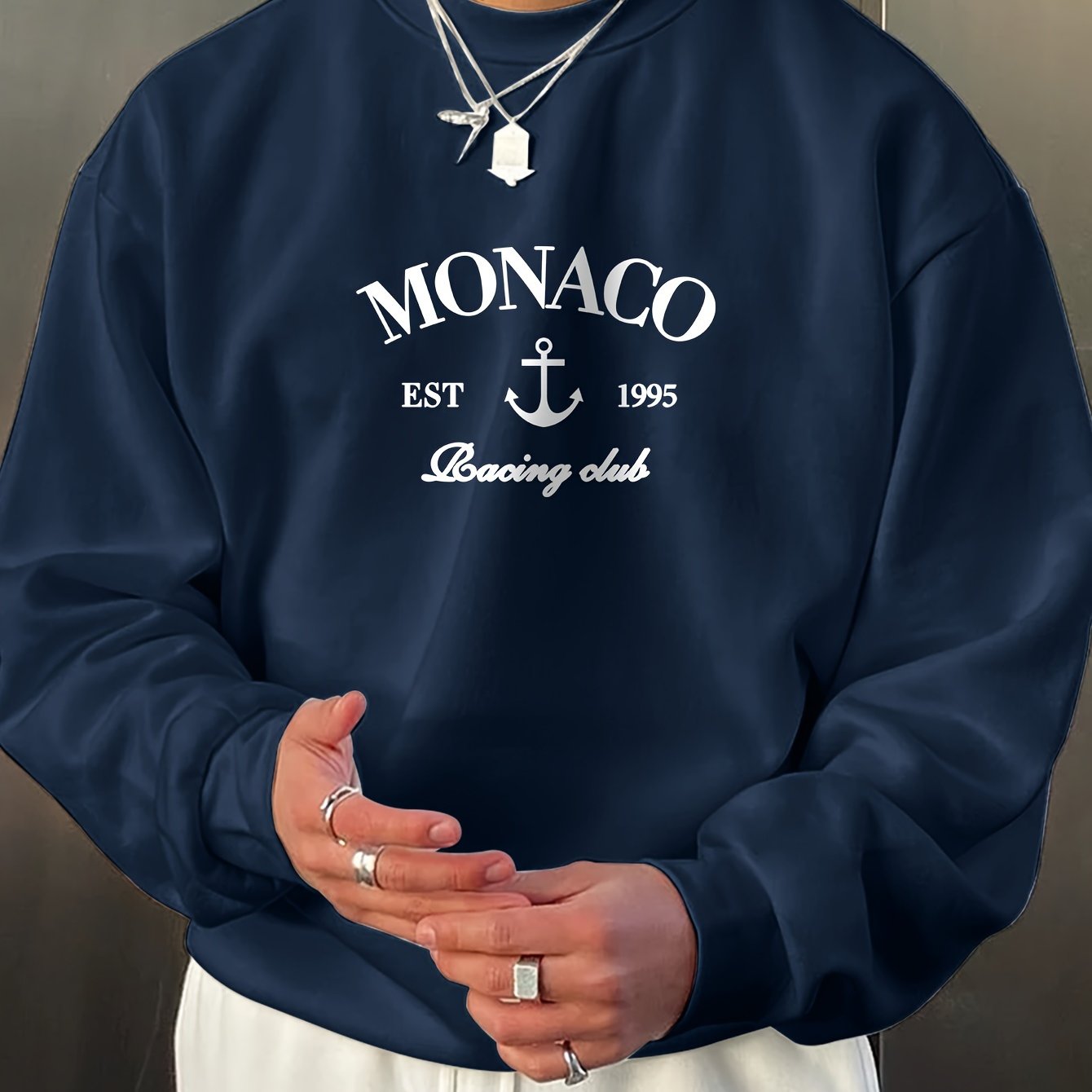 Men's Fashionable Printed Long-sleeve Loose- Neck Sweatshirt For Sports, Leisure, Commuting, And Versatile Wear