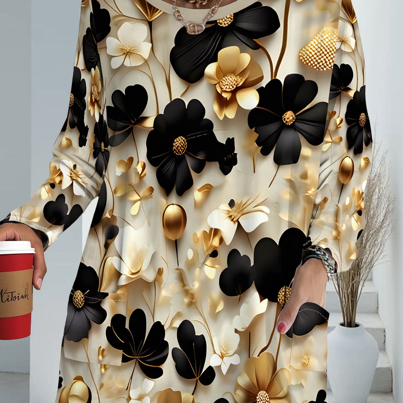TEMU Women's Plus Size Elegant Printed Long Sleeve Top With Pockets, Fashionable , Comfortable And Loose Fit, A Versatile Spring Essential