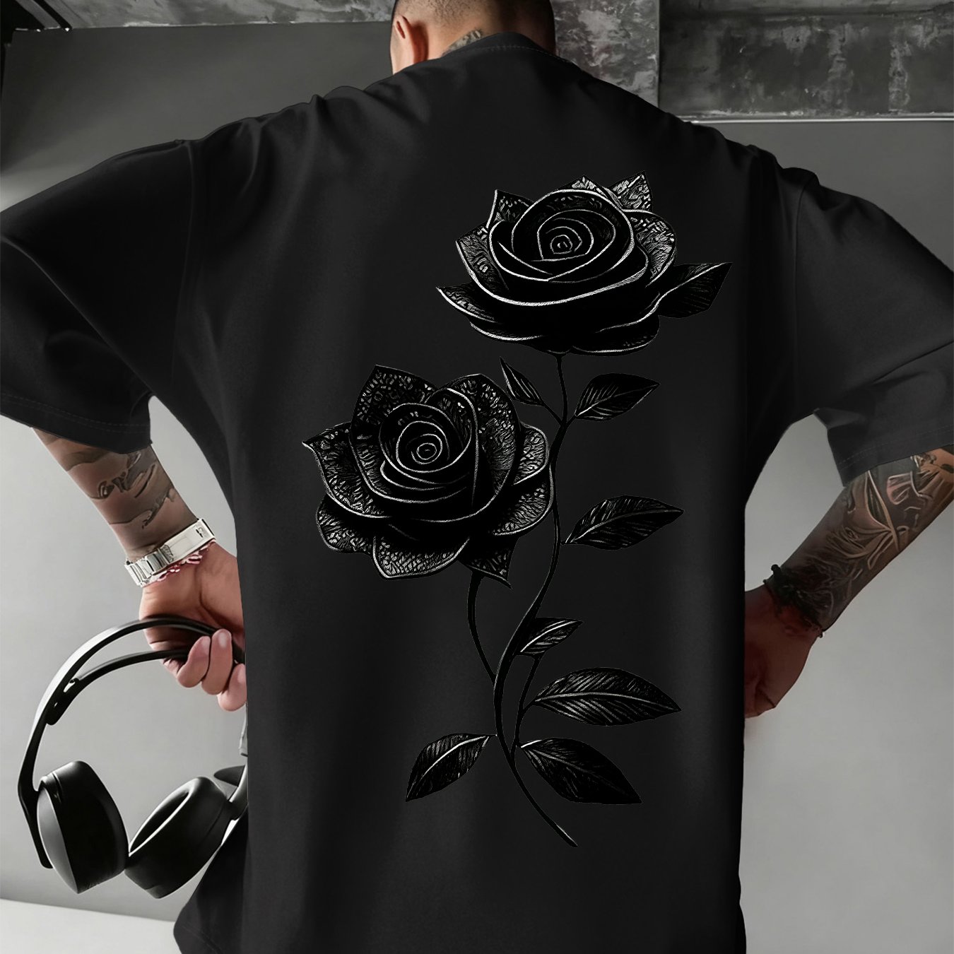 TEMU Summer Fashion Men's T-shirt With Black Rose Print, For Daily And Outdoor Sports, Comfortable Fabric, Trendy Casual Versatile Short Sleeve