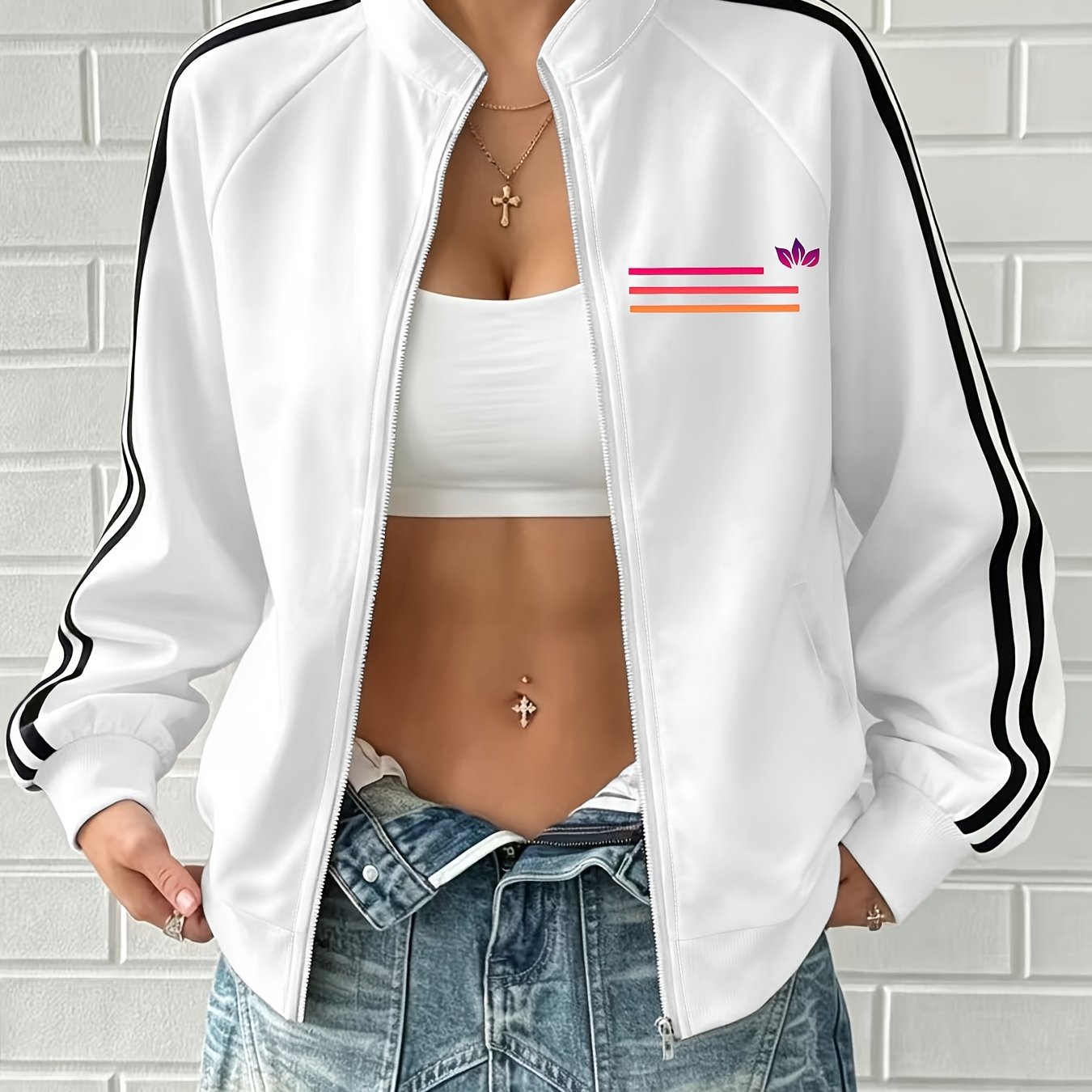 TEMU Women's Casual Lightweight And Comfortable Striped Letter Print Jacket For Autumn/winter, Four-season Open Front Fashion Zipper Stand Collar