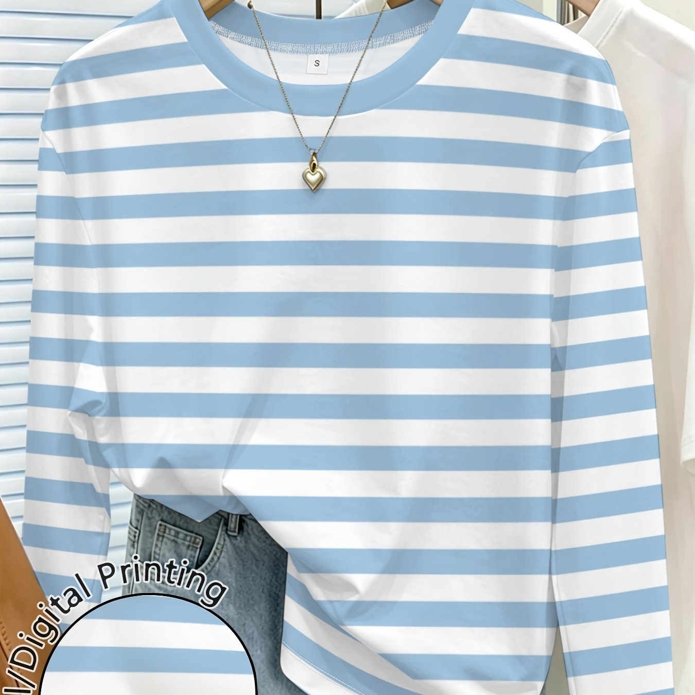 TEMU [printed Design-not Textured] Blue And White Striped Women's Printed Round Neck Long Sleeve T-shirt Early Autumn New Casual Versatile
