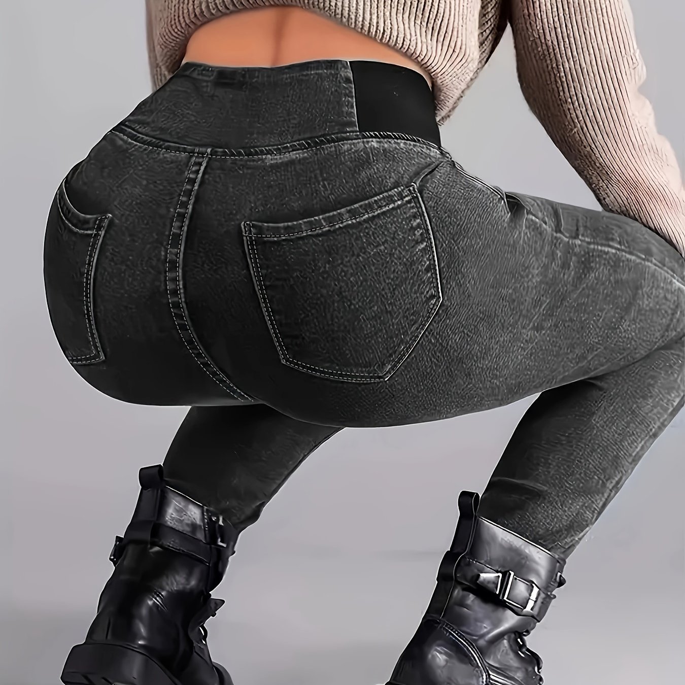 Contrast Loose Waist Elastic Ankle Length Trousers Denim Jeans