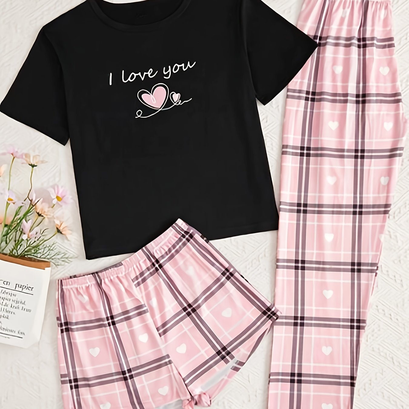 Women s Valentine s Day Cute Lounge Set Plus Size Heart Plaid Graphic Short Sleeve Top Shorts Pants Pajamas 3 Piece Set