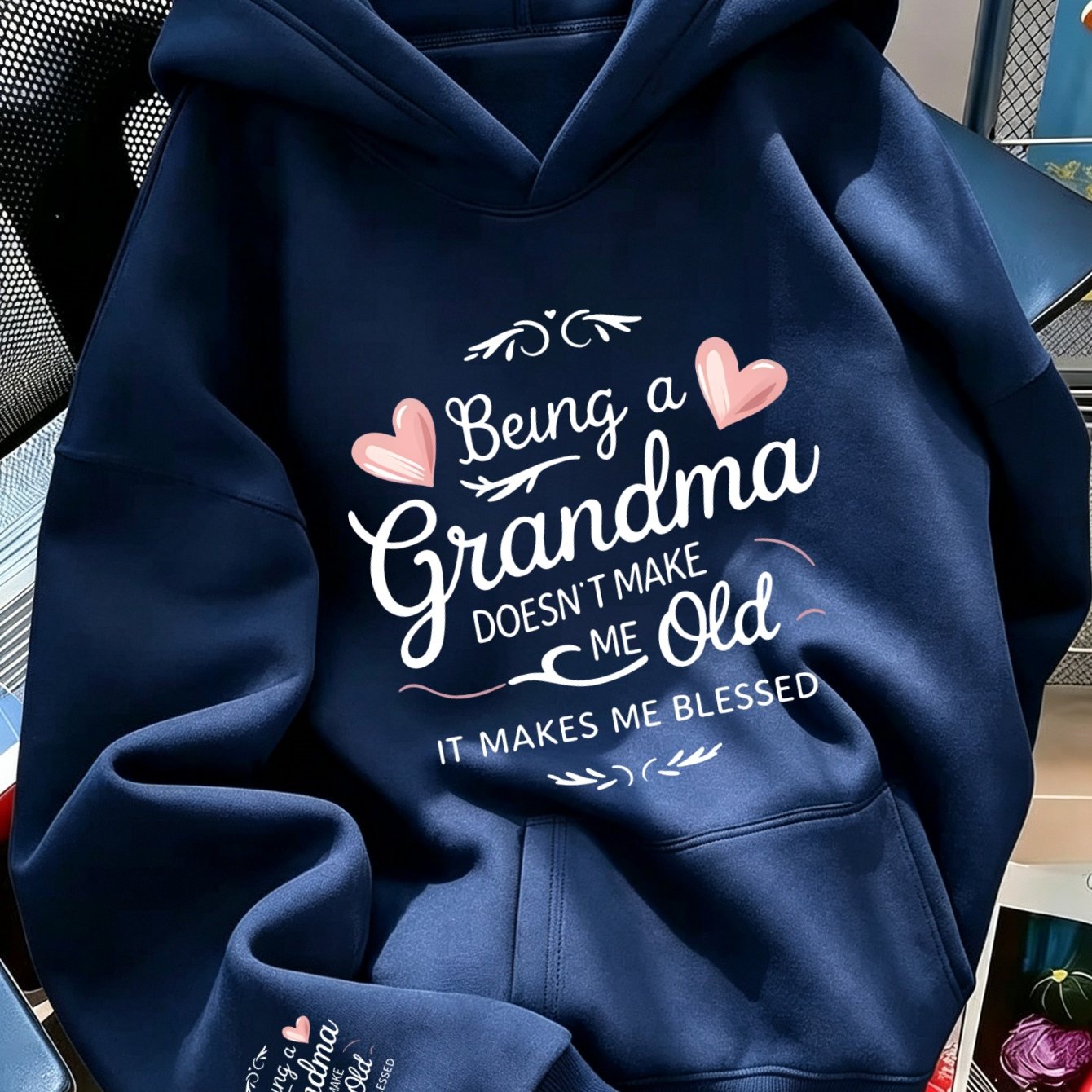 TEMU Women's New-style Hoodie, Warm Humorous Slogan 'being A Grandma Old It Blessed' Printed On Chest, Matching Mini Print On Left Sleeve Cuff,