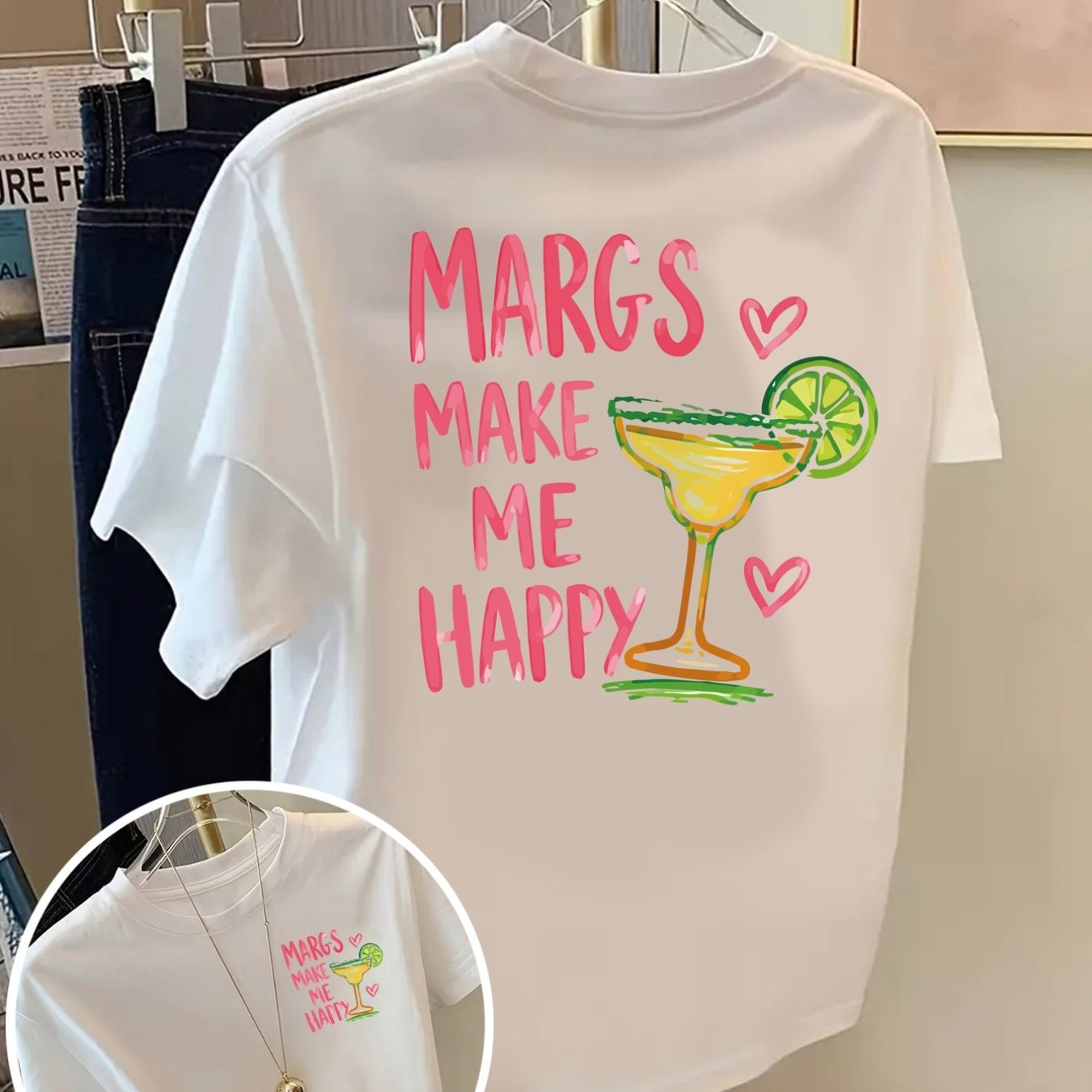 TEMU Front And Back Shortsleeve Tshirt Margarita Cocktail, Margs Print Women's Spring And Summer Trendy Print Tshirt, Fashionable And Trendy Item