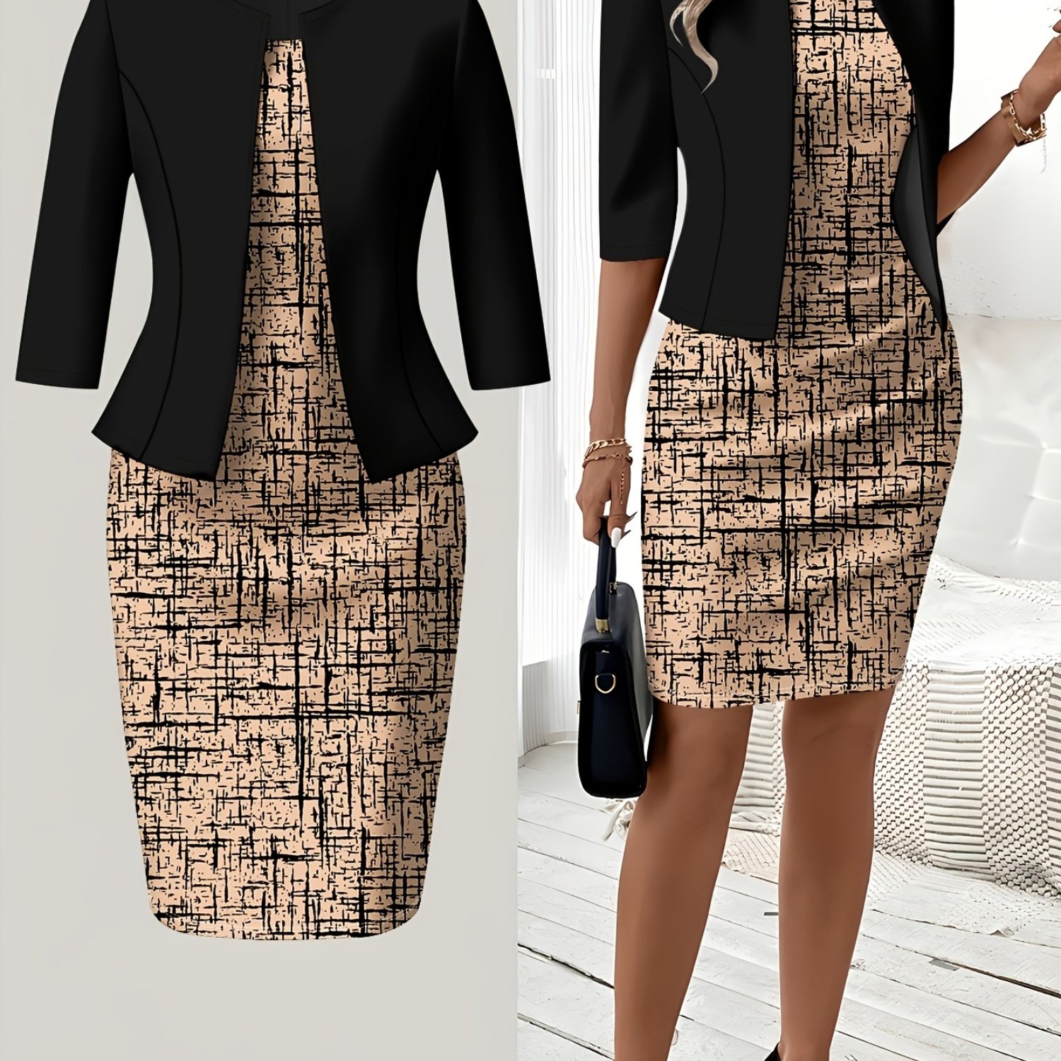 Qc Printed Design Geometric Dress Set