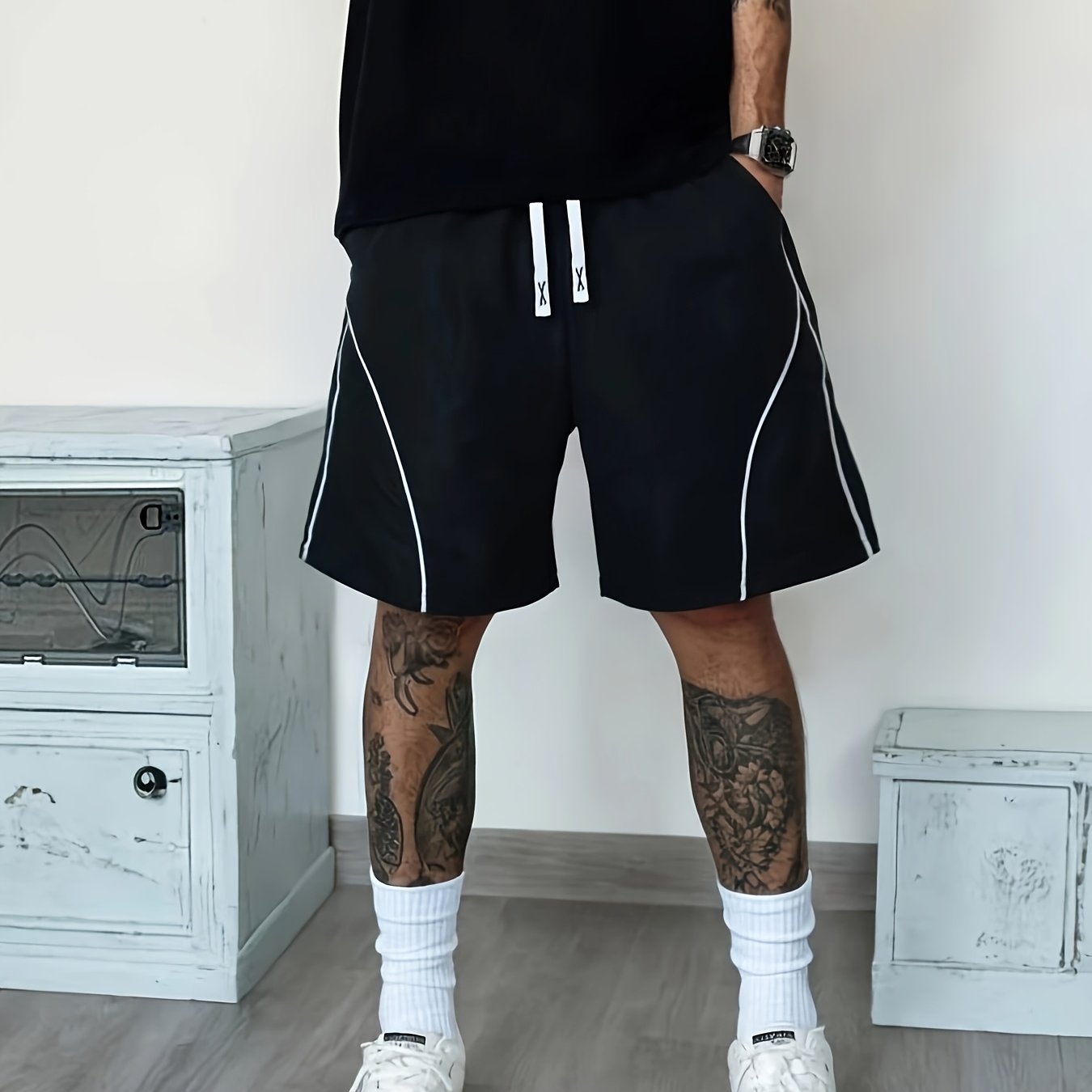 E-shop Lässige Herren Sportshorts, Freizeit Sport Shorts mit Seitenaufzug, elastischem Kordelzug in der Taille, Bermuda Shorts, cool und atmungsaktiv.
