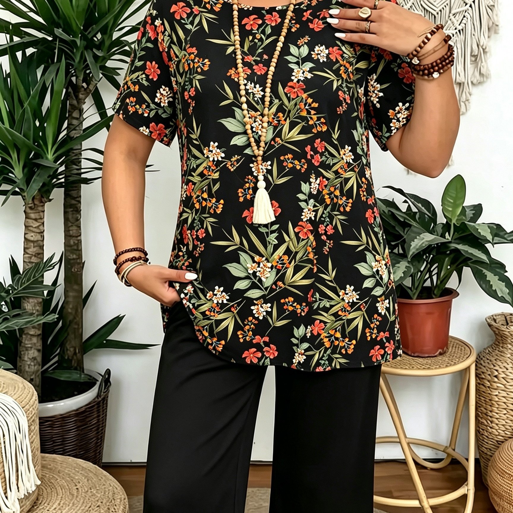 Image of This Large-sized 2pcs Set Features An Elegant And Fashionable Design. Suit Is Printed With Patterns. It In 5-inch Pants And Is Suitable For Home Use, Traveling, Gatherings, And Vacations.