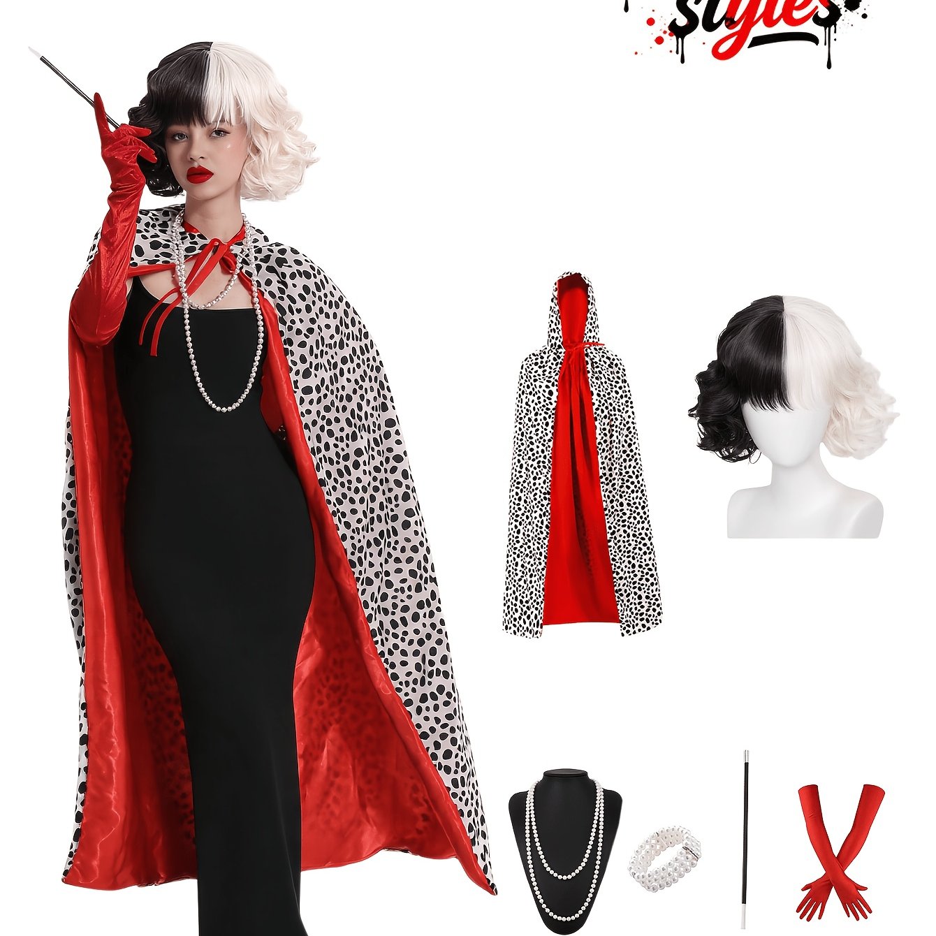 TEMU 6pcs 1920s Party Kit Long Cape With Hat And Wig And Red Gloves And Pearl Necklace And Pearl Bracelet, Party Costume For Masquerade, Role-playing