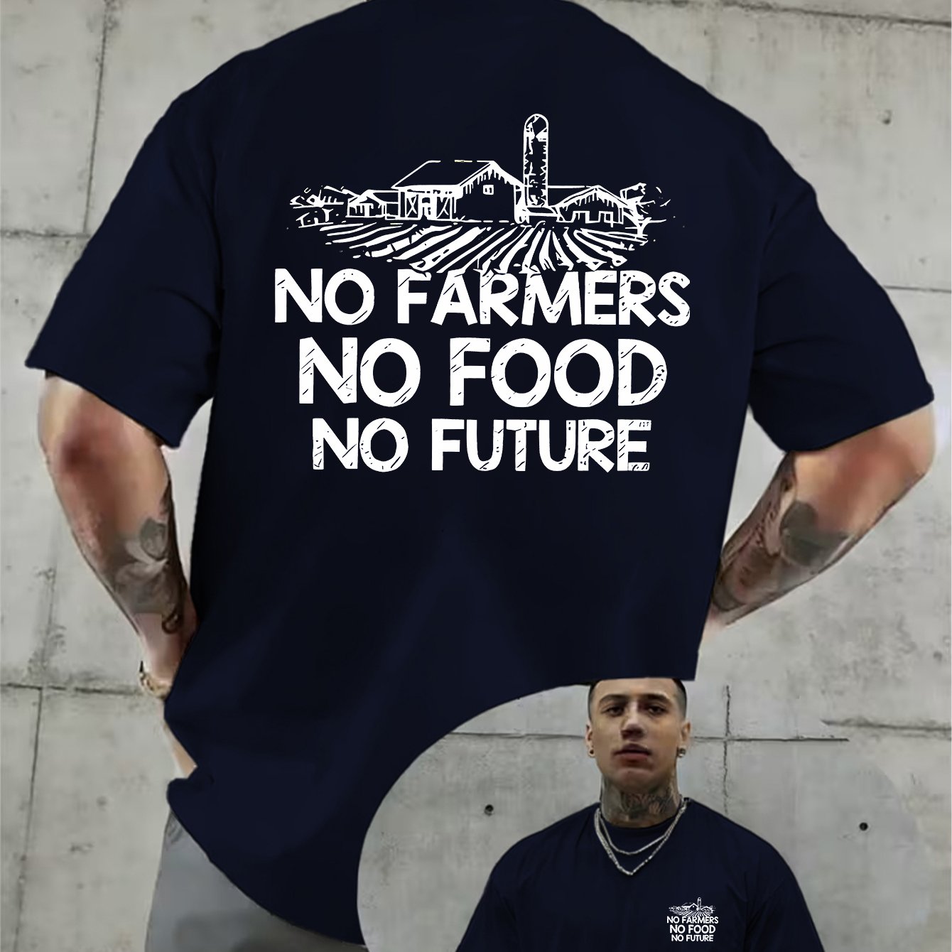 TEMU No No Sign Double-sided Print Trendy Men's Short Sleeve, Casual Leisure Outdoor Country Style Short Sleeve T-shirt, Farmer Theme Men's Essential