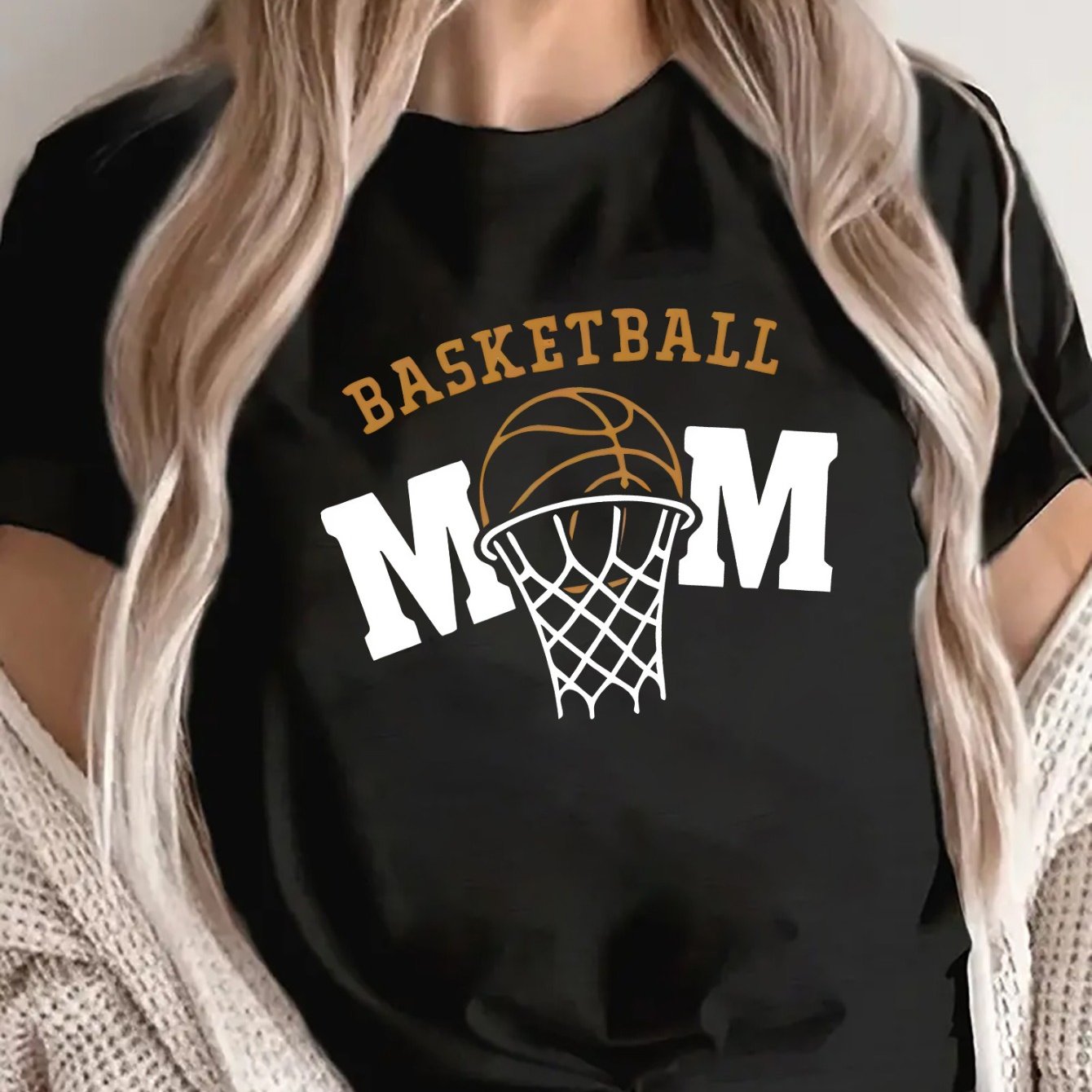 TEMU Polyester Basketball Mom T-shirt For Women, Casual Short Sleeve Tee Sporty Design, Perfect For Game Days And Casual Attire, Lightweight And
