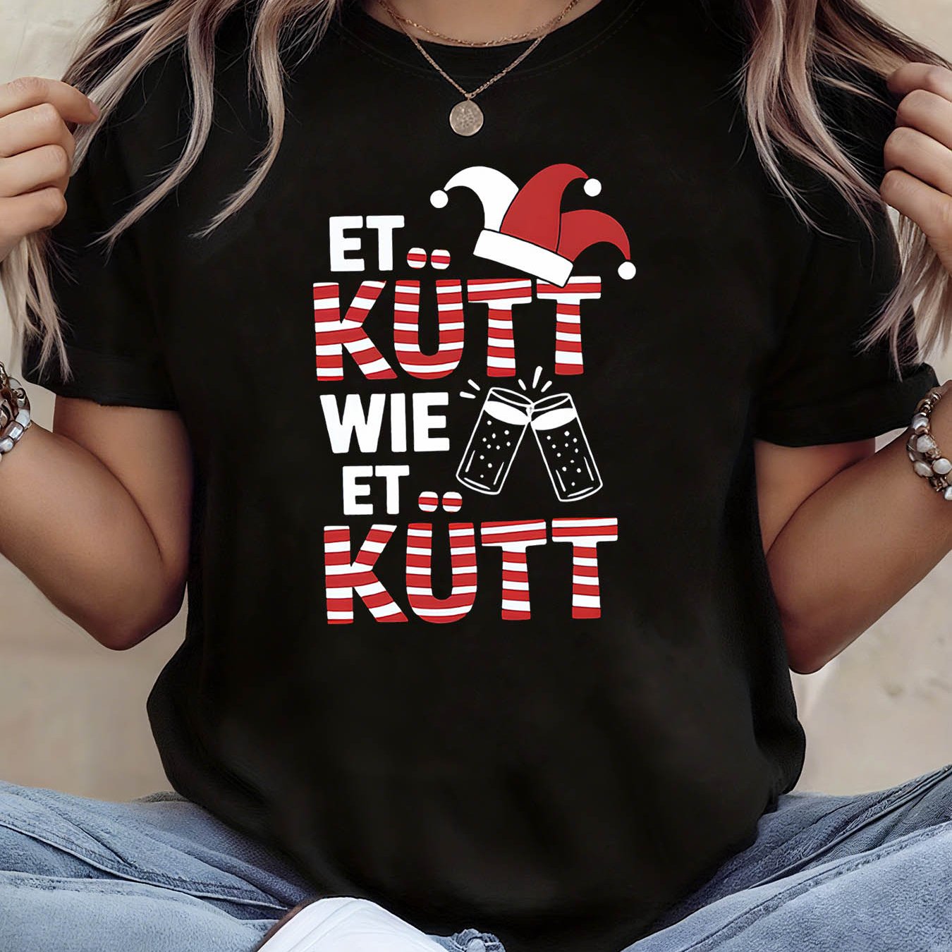 Image of German Carnival Humor Et Kutt Wie Et Kutt Jester Hat Graphic Print T - Shirt Women's Spring - Summer Short - Sleeve Crew - Neck Casual T - Shirt, Daily Leisure, Holiday Gift