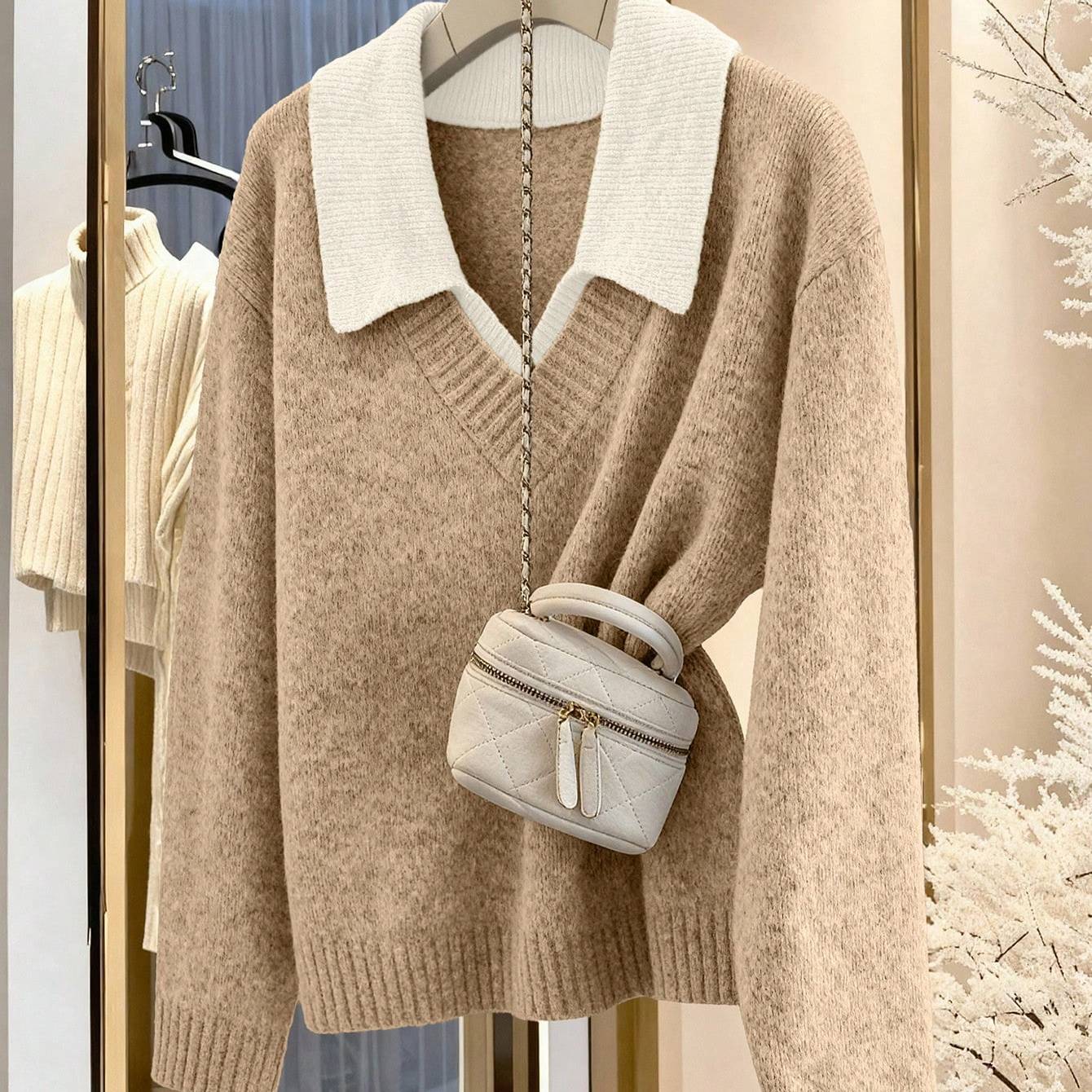 TEMU Pull grande taille pour femme, nouveau pull d'automne/hiver à et couleurs contrastées, haut élégant à col en V et patchwork pour vêtement