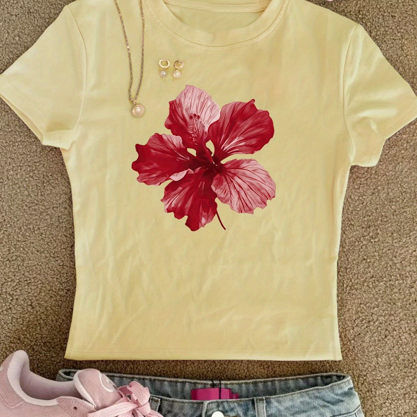 TEMU Women's Fitted T-shirt Top, Floral Print, Pure-desireamerican-style Sexy Slim-fit Cropped Short-sleevet-shirt, Summer-ready, Women's Apparel