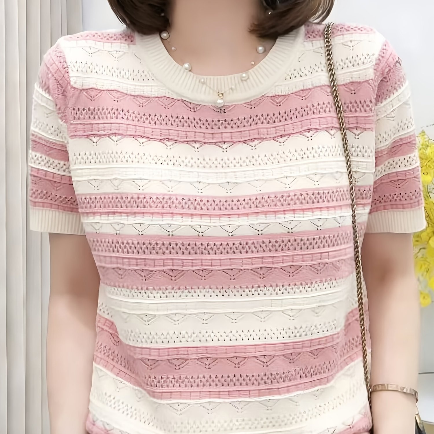 TEMU サマー 透かし彫り コンカラー 半袖トップス