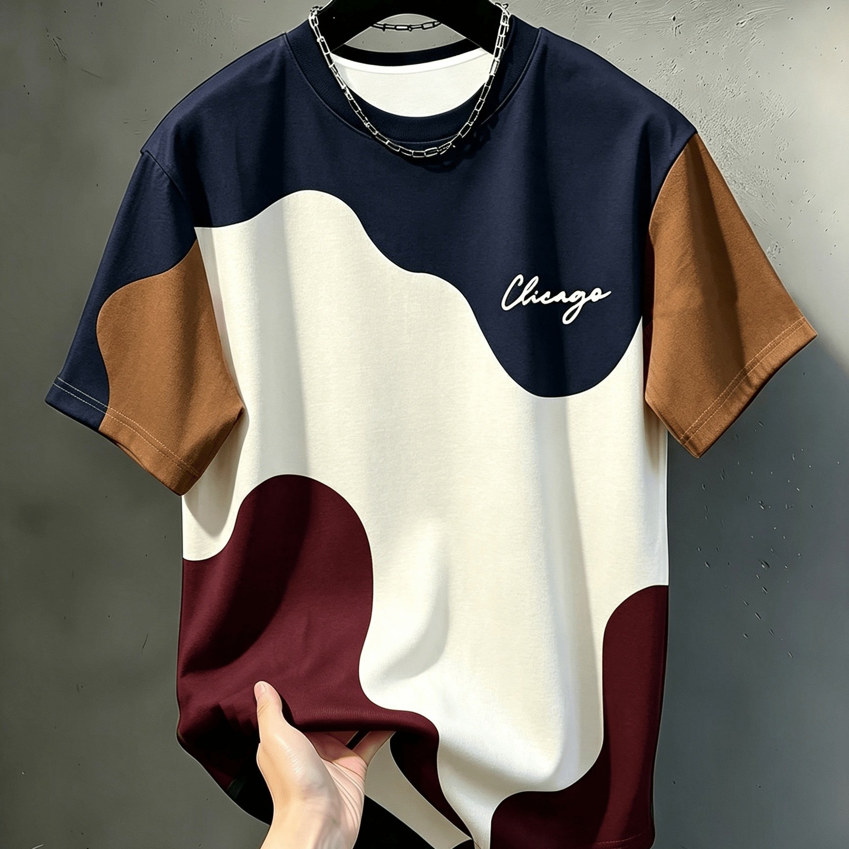 TEMU Plus Size Men's Casual Round Neck T-shirt, Geometric Pattern Striped Design, "chicago" Letter Print, Flowing Fashion Top, Wear, Breathable