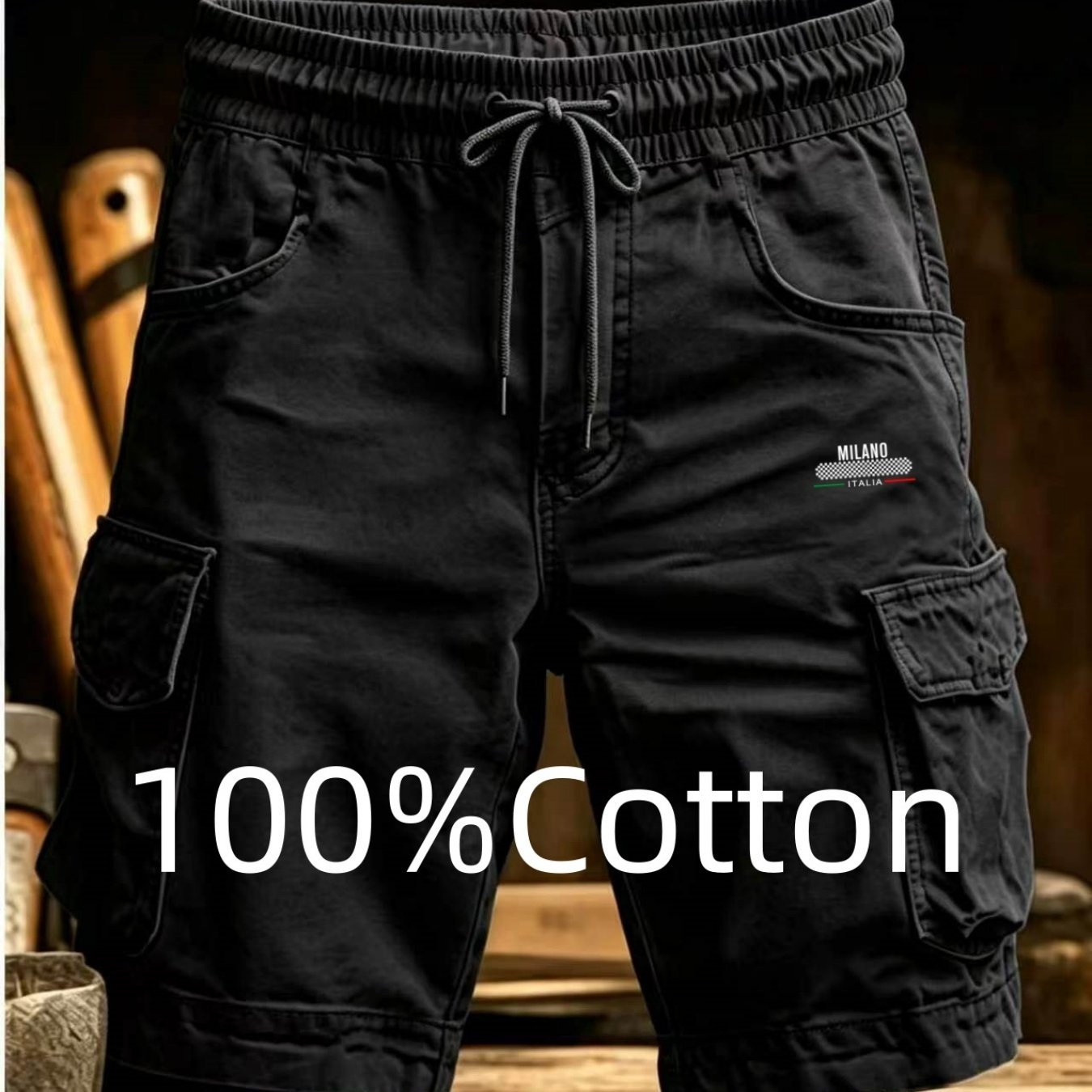 Image of Men's 100% Cargo Shorts With Elastic Waist And Drawstring, Casual Work Shorts Featuring Letter Print Logos And Multiple Pockets, Ideal For Outdoor Wear In Summer