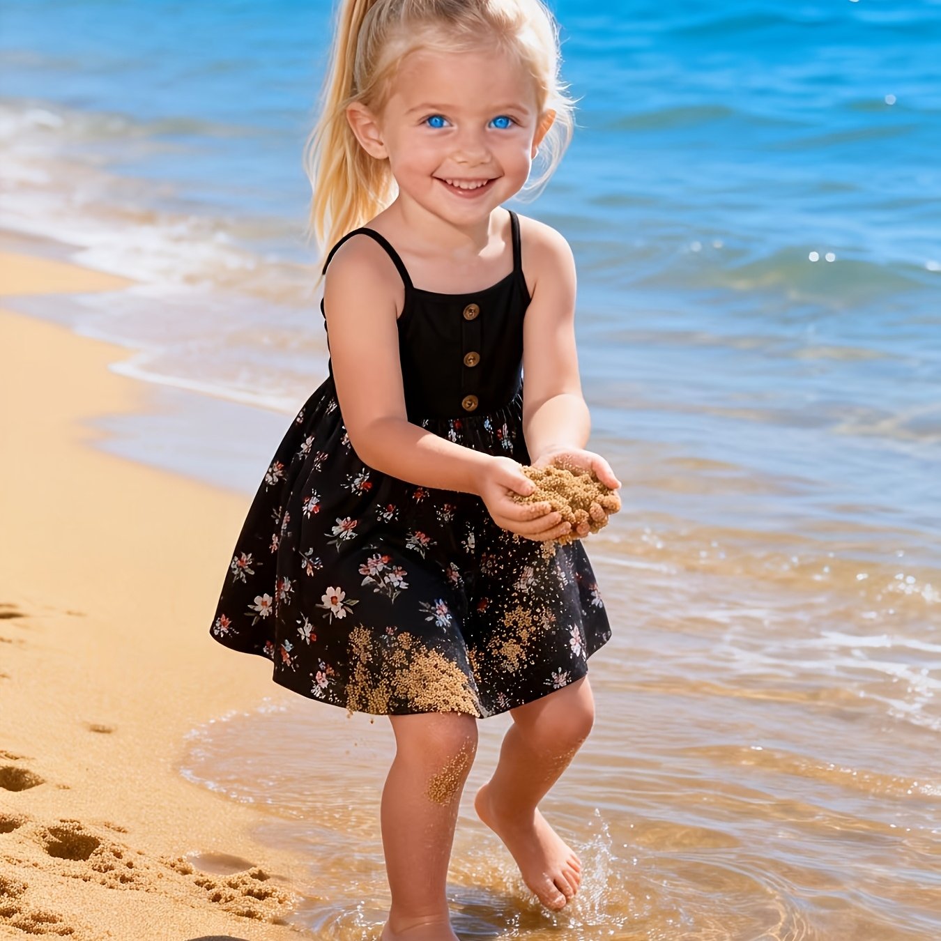 Image of Girls' Casual Sleeveless Drawstring Hem High-low Waist Dress, Stretchy Polyester Fiber, Machine Washable, For Summer, Girls' Clothing, Suitable For School Commutes, Outdoor , , And , Perfect Gift
