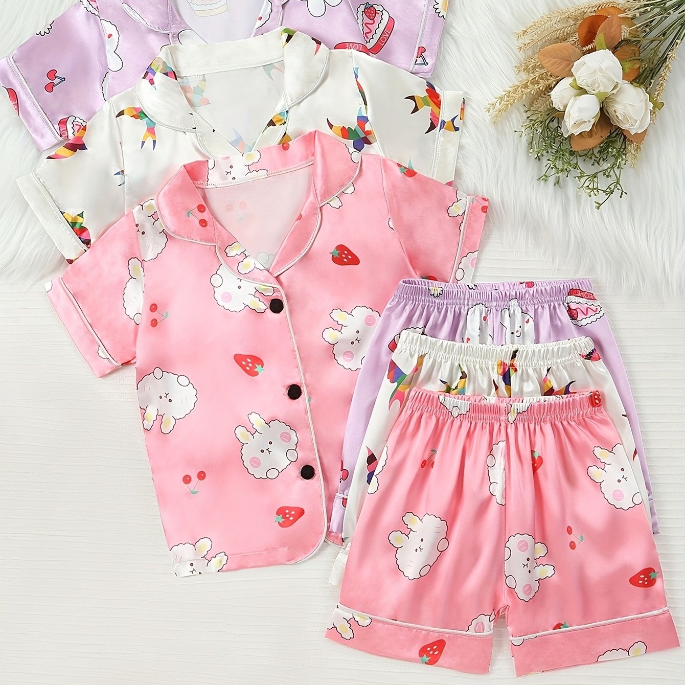 Image of Girls' 3pcs Summer Pajama Set - Cute Cartoon Print, Short Sleeve & Shorts Combo With Button Detail, Non-stretch Fabric, Machine Washable
