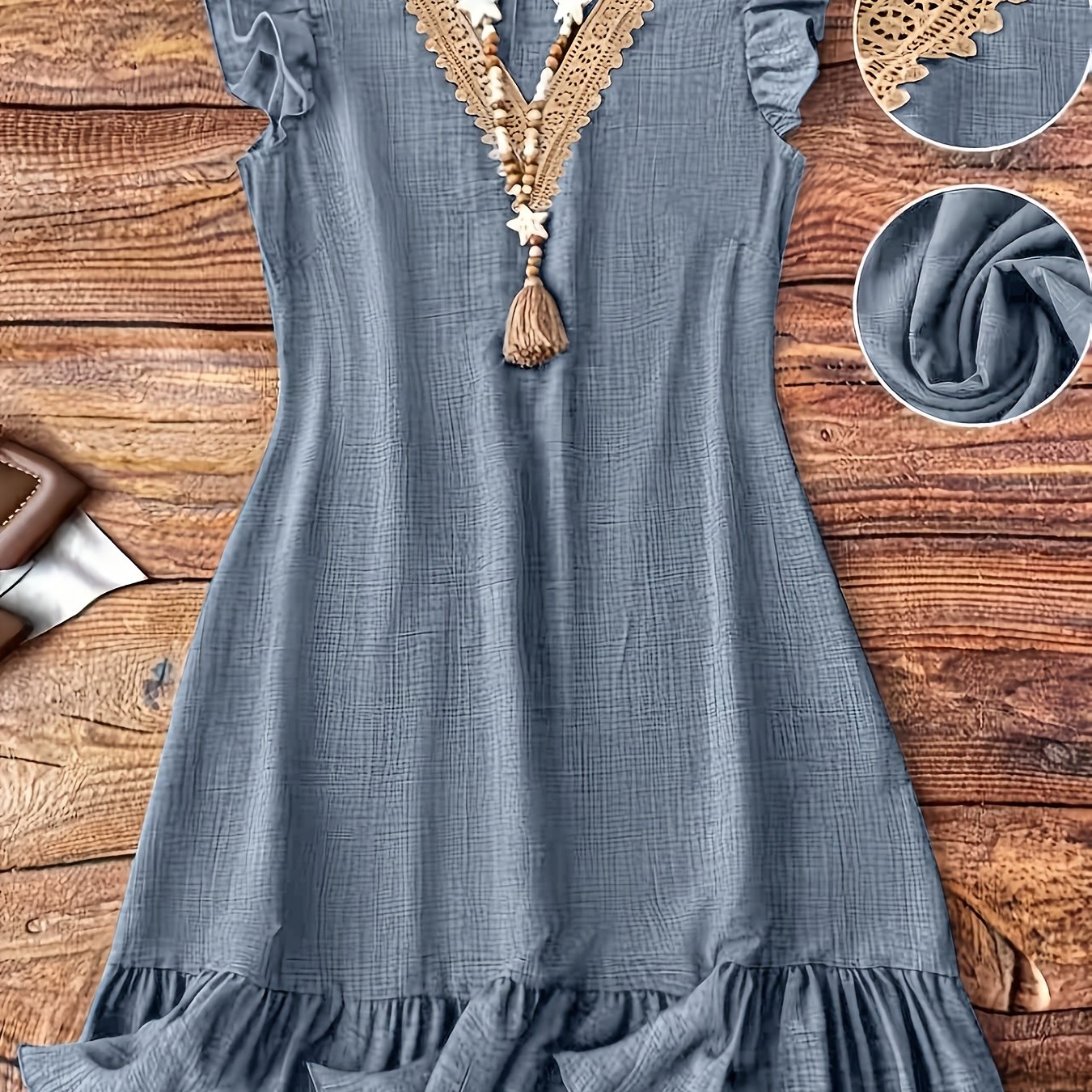 TEMU [circle] Fashionable And Elegant Vintage V-neck AppliquÃ© Ruffle A-line Dress, Suitable For Commuting, Dates, Parties, Vacations, And Daily