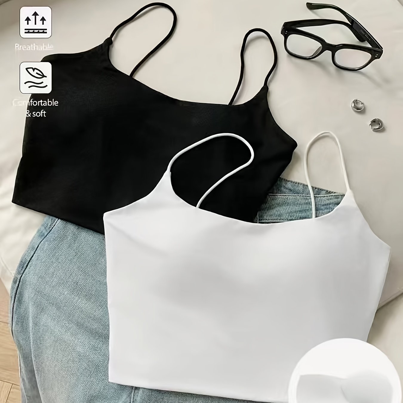 TEMU Women'-piece Comfortable, Skin-friendly, Casual, Versatile Vest, Black And White With Chest Pad Design, Winter And Spring Solid Color T-shirt,