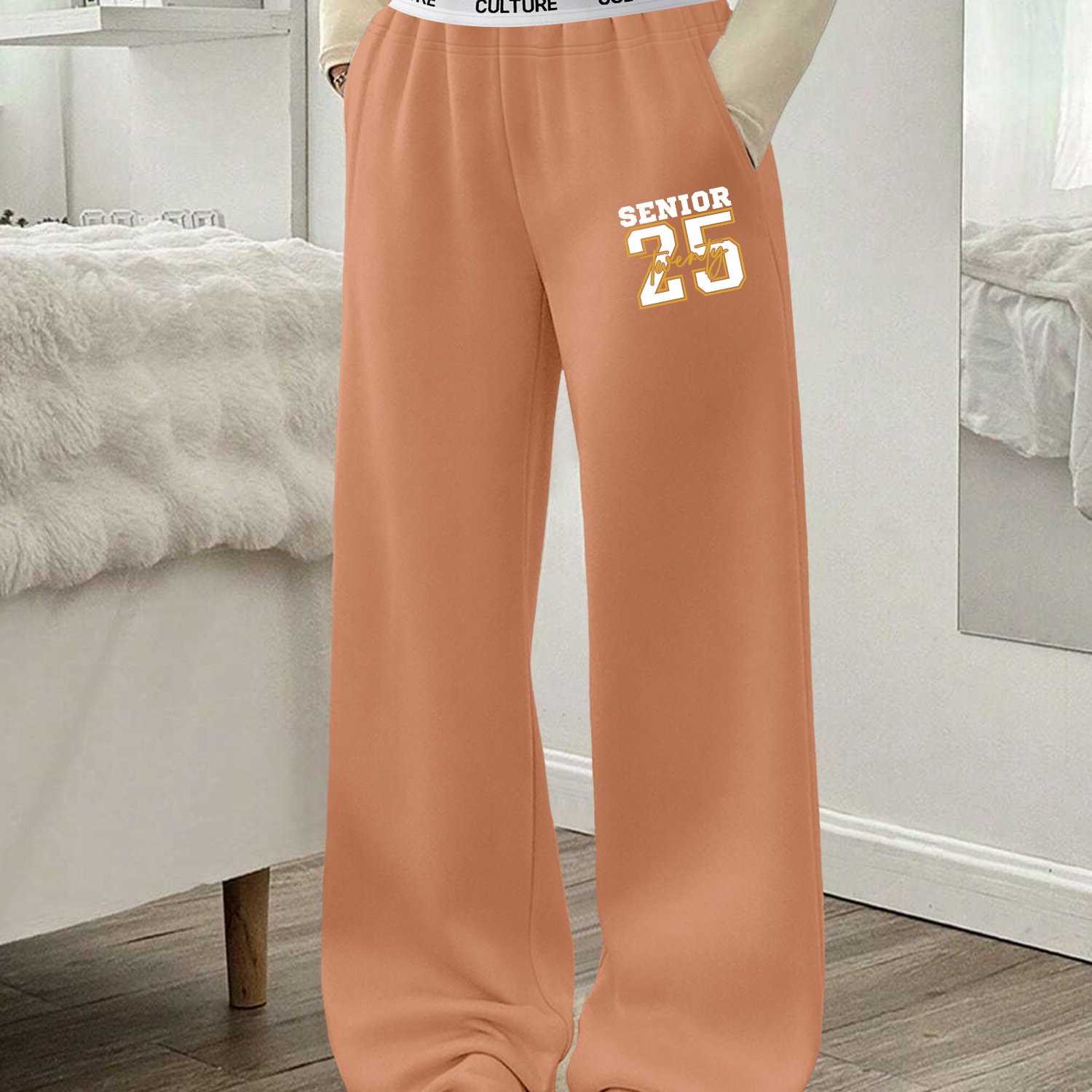 TEMU Women's High-waisted Wide-leg Tapered Pants - Loose-fit Cuffed Hem Sweatpants With /number Lettering Print (e.g. 23) - Casual Pants For, Lounge,