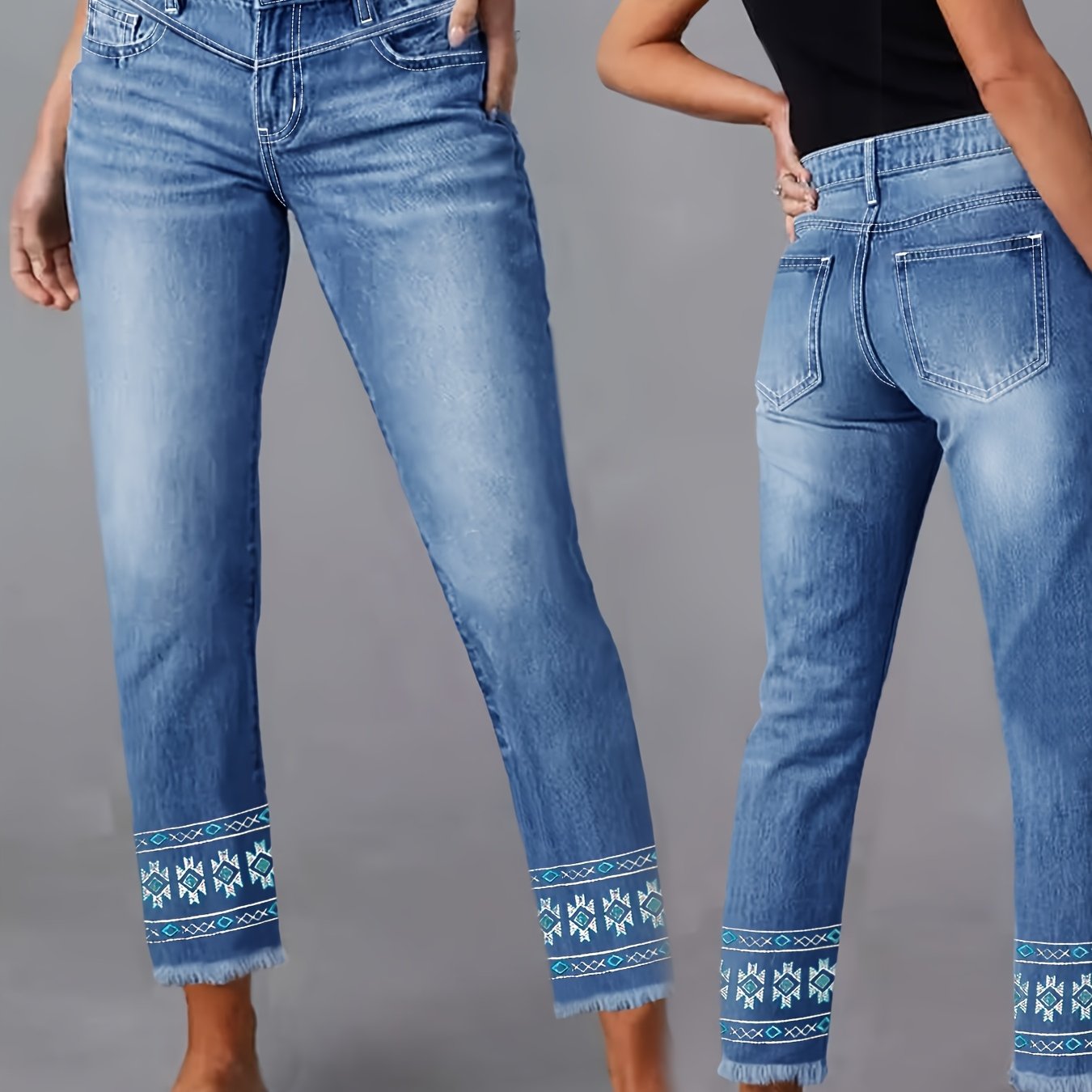 Image of Fashionable Blue Casual Versatile High-waist High-stretch Bohemian Style Embroidered Design Frayed Hem Straight-leg Cropped Jeans For Women, Suitable For