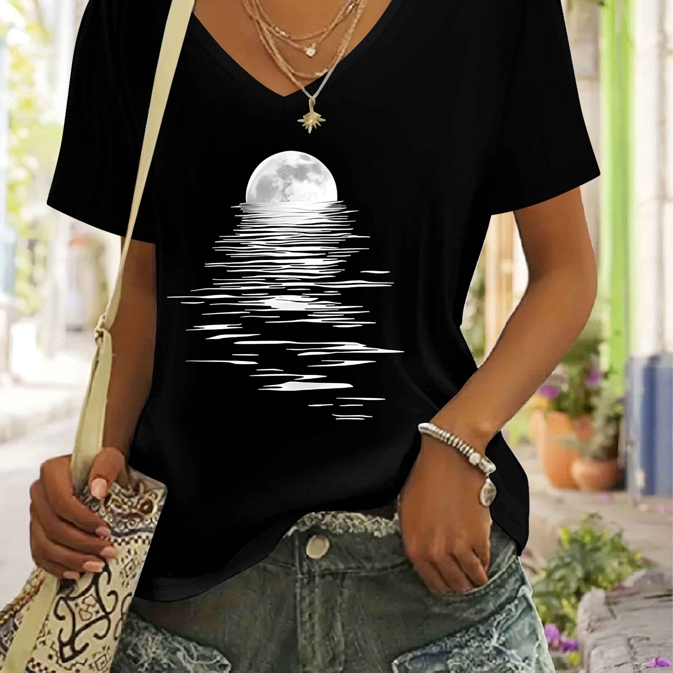 TEMU Women's V-neck Short-sleeve T-shirt Suitable For Spring/summer, Casual Moon Reflection Blouse-compatible Fit, Machine Washable Opaque Top For