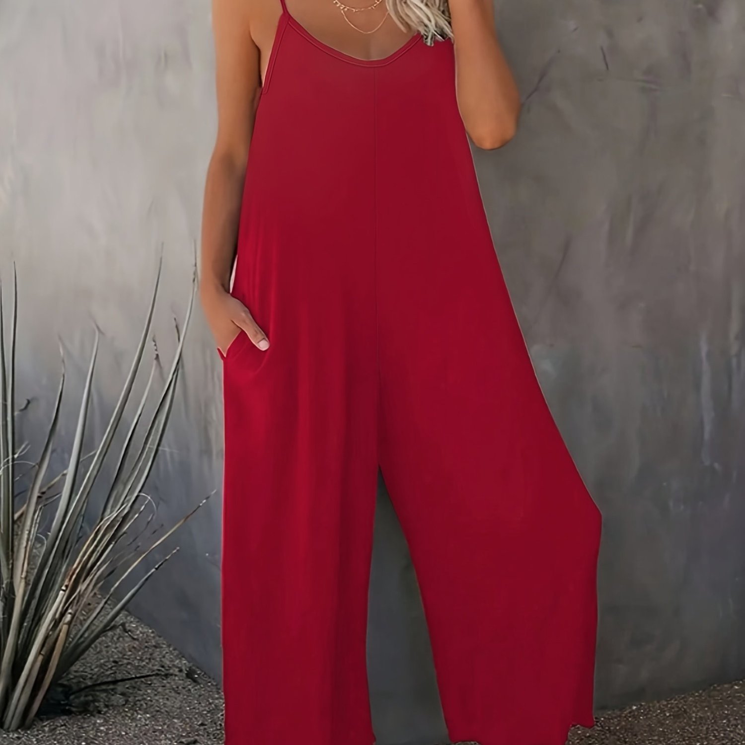 Women&#39;s Plus Size Red Camisole Jumpsuit - Casual, Solid Color, V-Neck, Wide Leg Overalls, Lightweight Polyester, Machine Washable, Comfortable Clothing | Wide Leg Design | Woven Construction