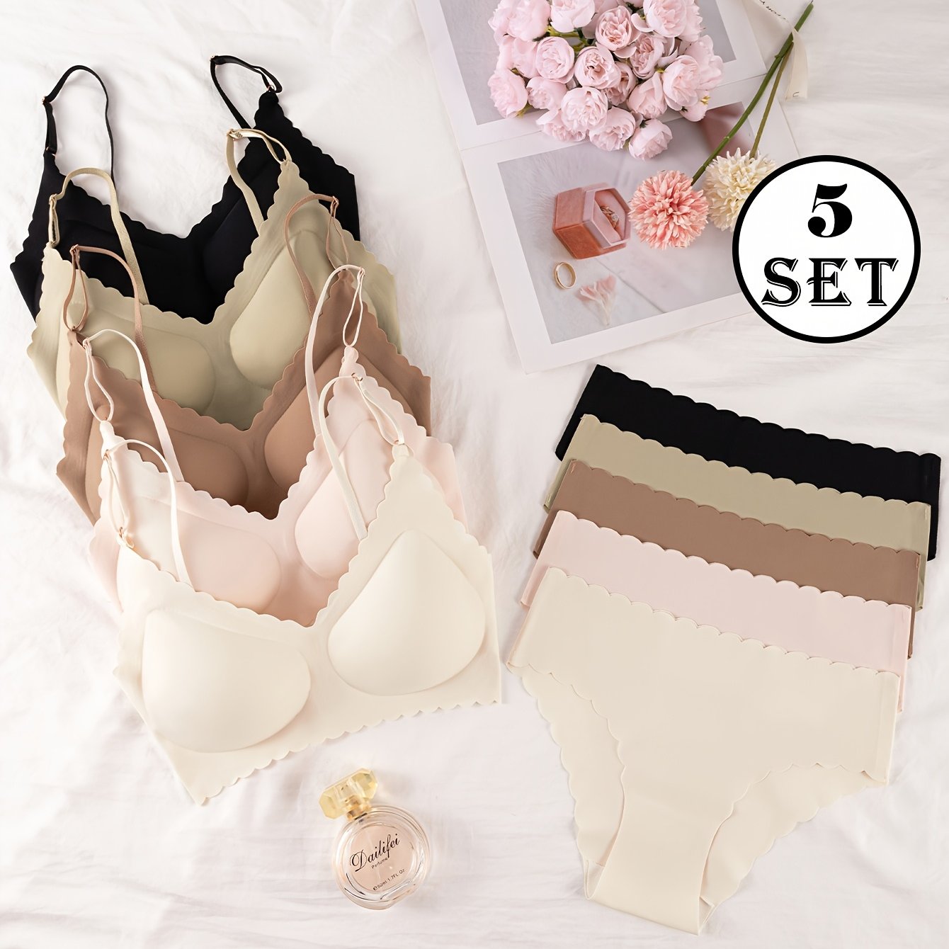 TEMU 5-pack Women's Bra Set, Seamless Ruffle Summer Cooling Underwear, Solid Color Thin Straps, Adjustable And Removable Cups