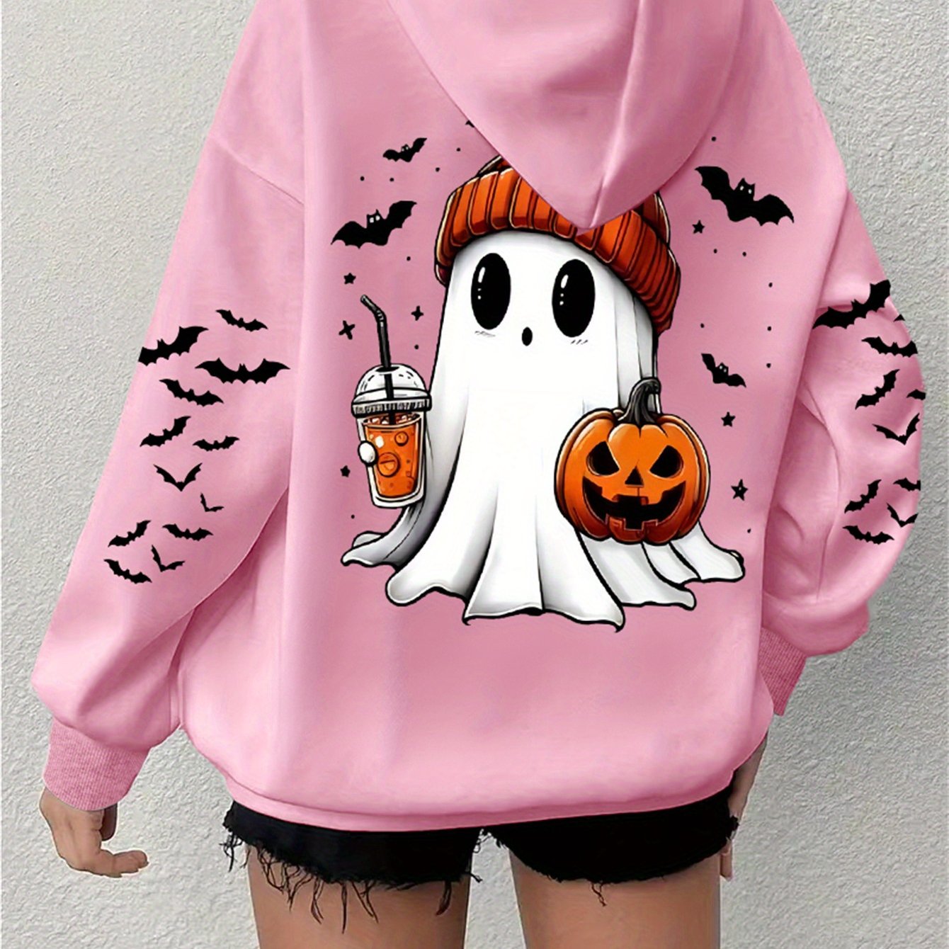 TEMU Plus Size - Plus Size - Popular Extended Hoodie With Long Sleeves, Bat Print, Casual Oversized Sweatshirt