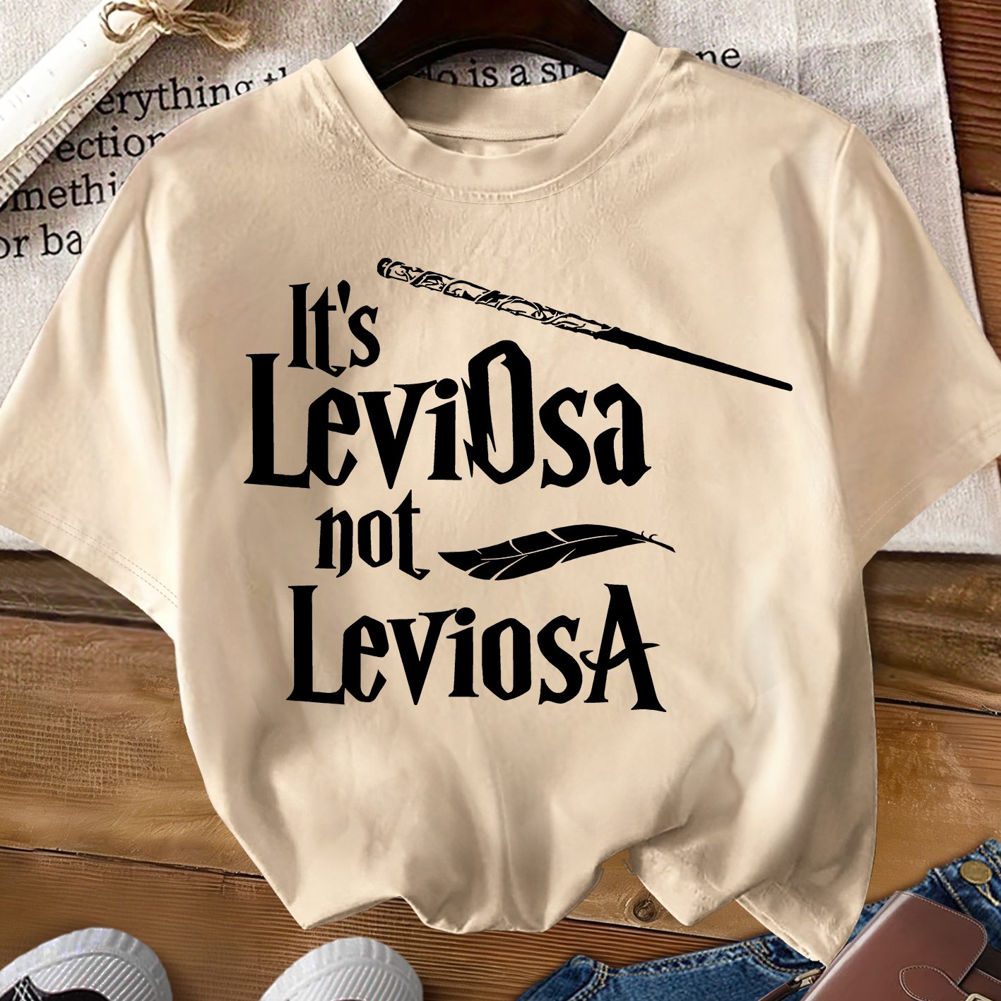 TEMU [warner] Harry Potter Women's Elegant Short Sleeve " Leviosa Not Leviosa" Spell Slogan Print Crew Neck T-shirt, Comfortable, Soft, Breathable,