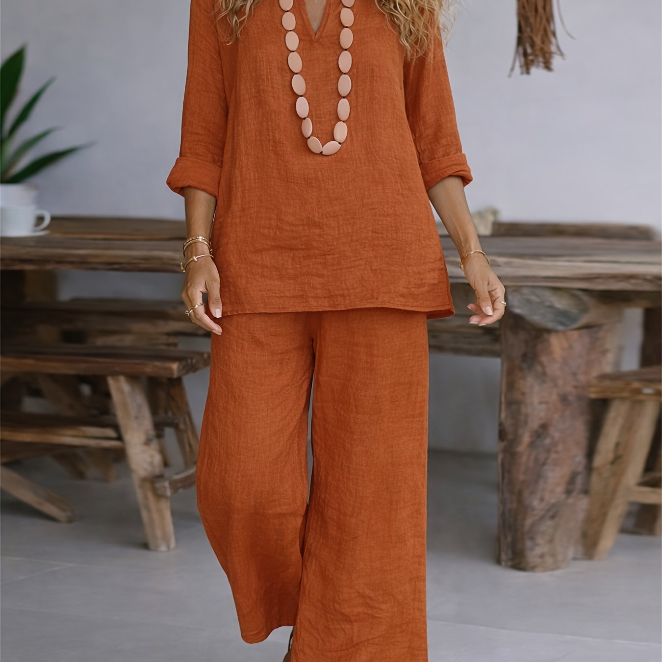 TEMU Women's Casual 2pcs Set: Solid Color Long-sleeve Shirt Top   Wide-leg Long Pants