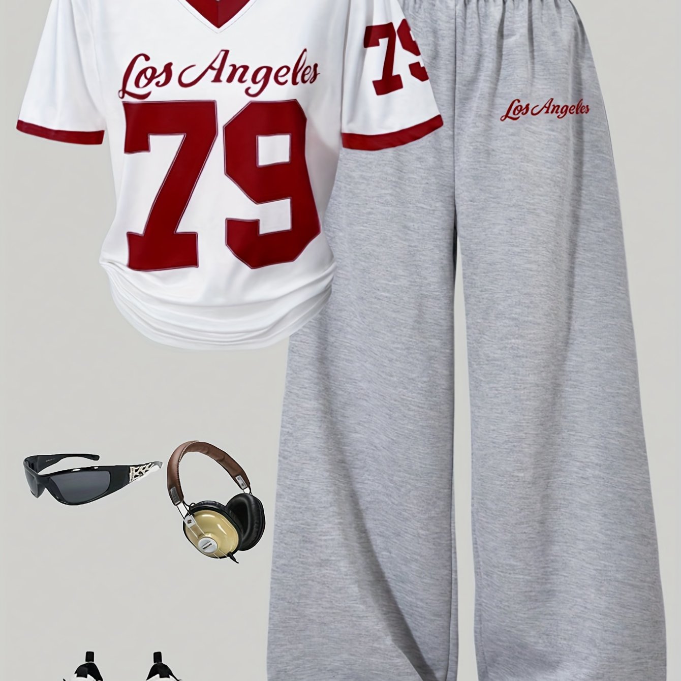 TEMU Girls' Preppy American Sporty 2pcs Set: White Short-sleeve American-style Top With Number And Letter Print, With Flower-gray Wide-leg Pants In A
