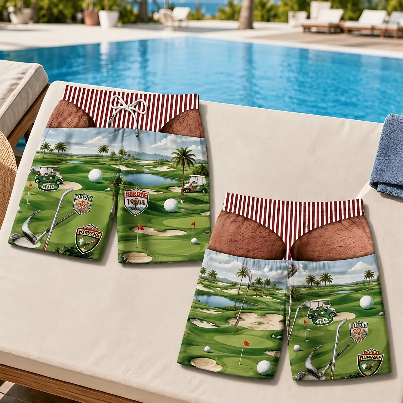 TEMU [print Design Not Textured] Men's Fun Golf Shorts, Retro Bird Checkered Pattern Print, Cool Athletic Beach Casual Wear Swimming Pool