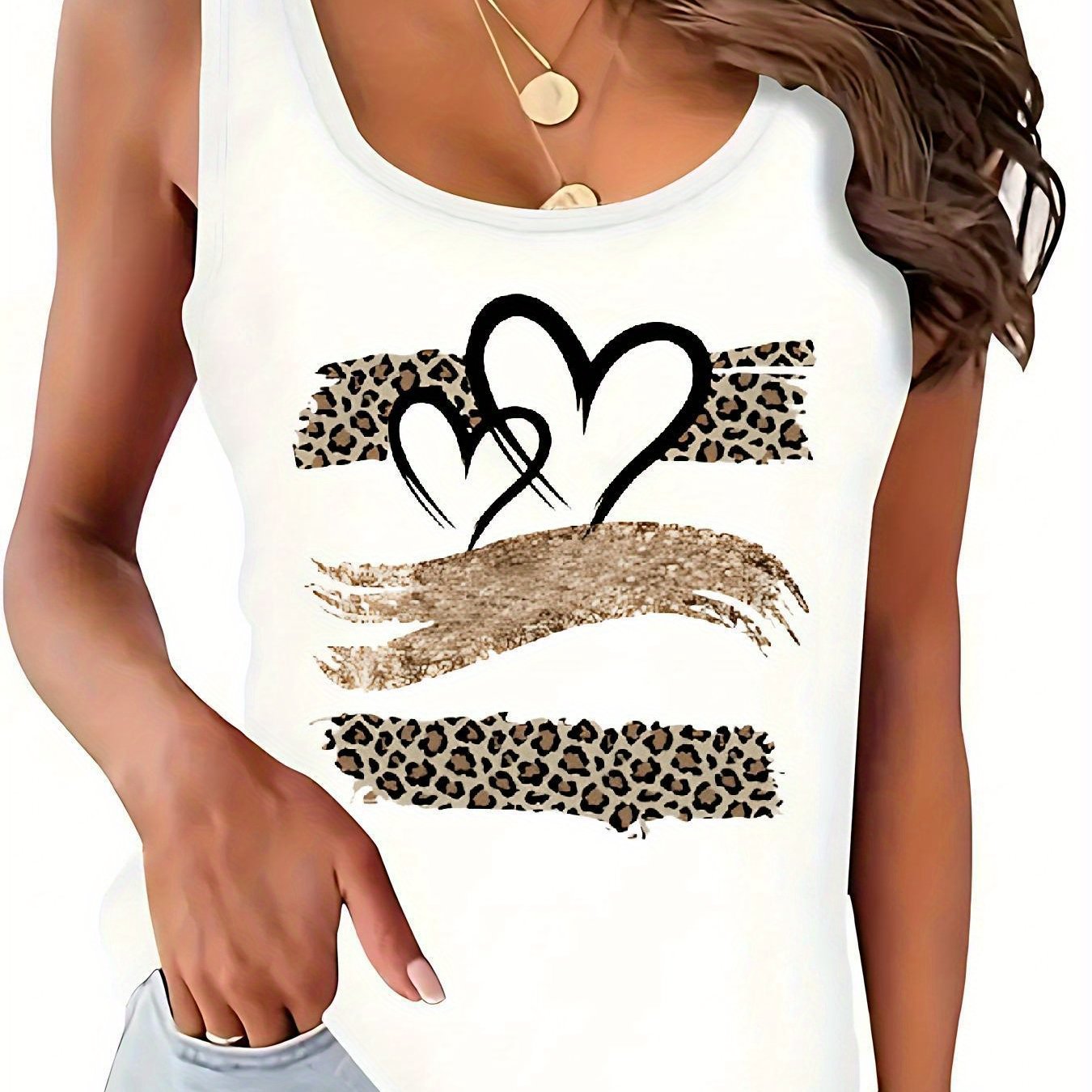 TEMU Women's Lightweight Breathable Sweat-absorbent V-neck Tank Top - 2d Flat With Leopard Print Heart & Leopard Print Heart Graphic, Sleeveless