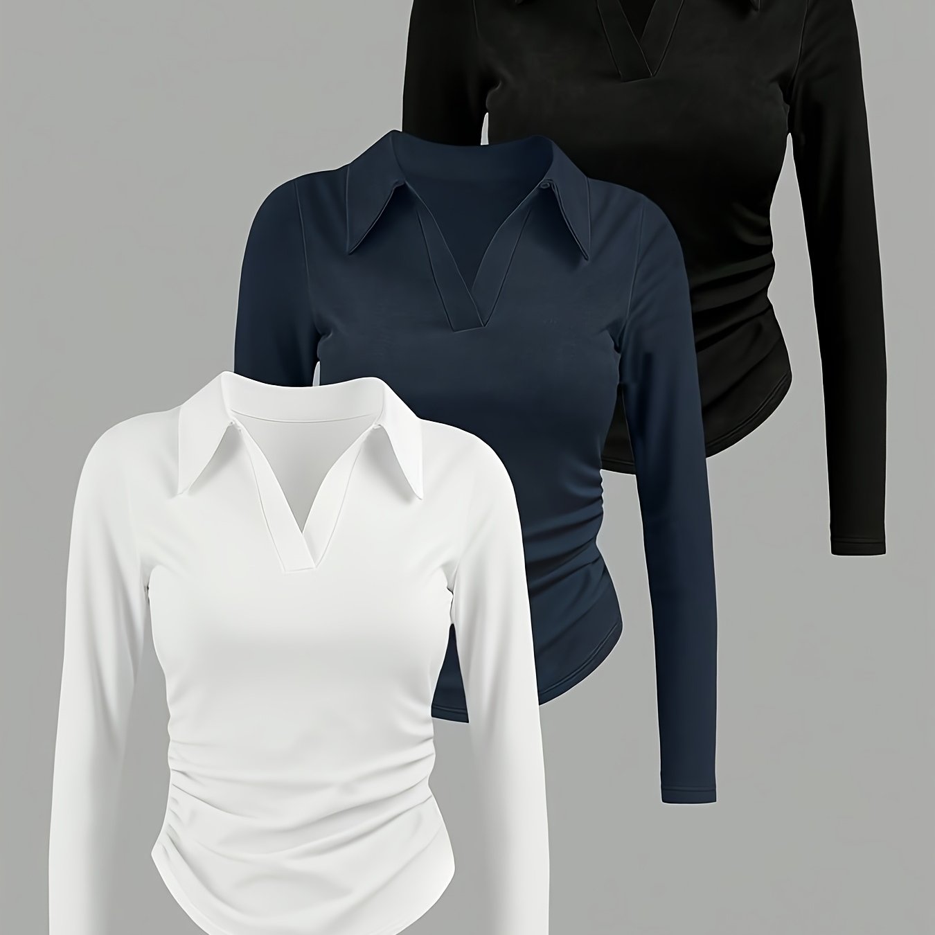 TEMU Women's Collar Slim Fit Long Sleeve T-shirt 3pcs Set, With Waist-cinching Design