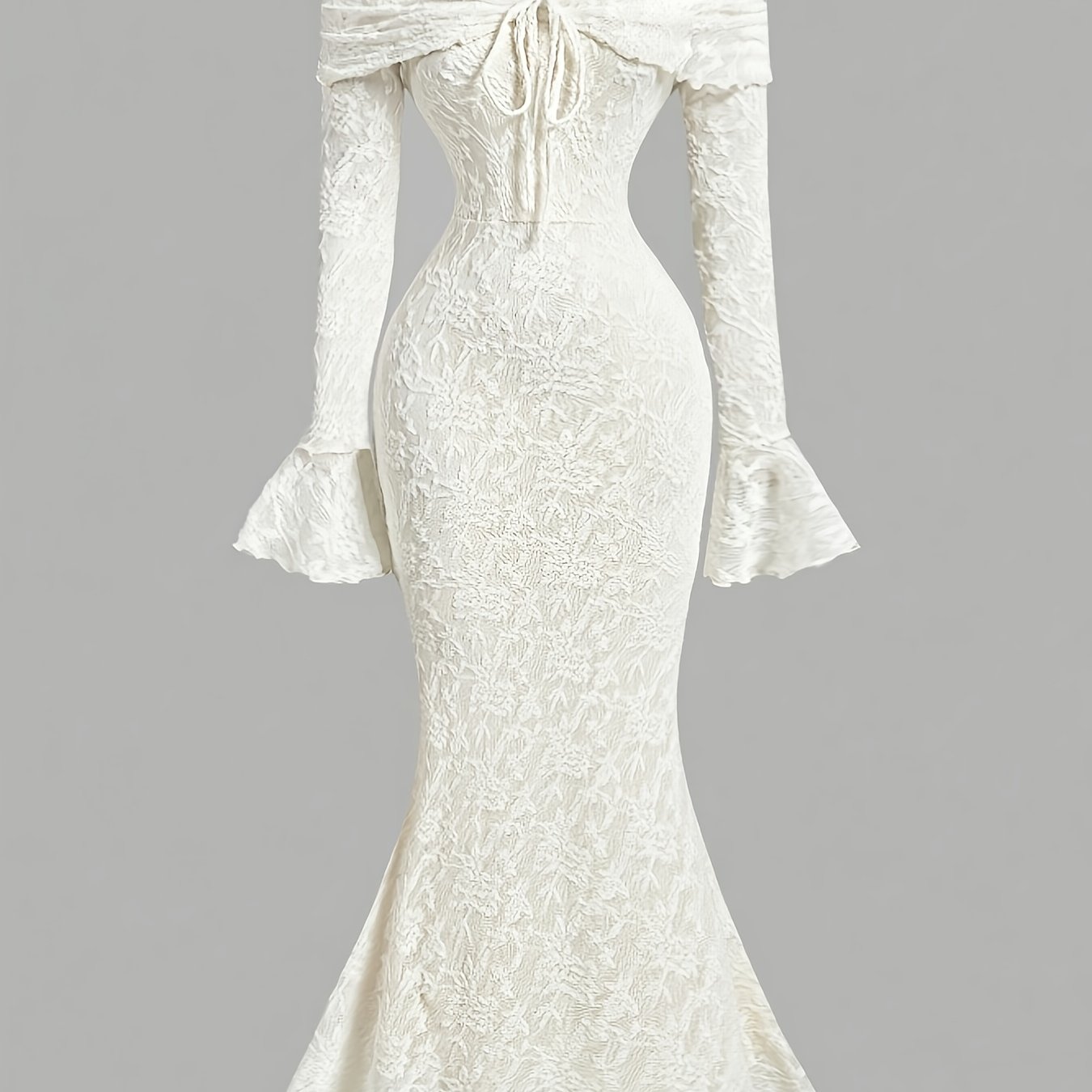 E-shop Damen Einfarbiger schulterfreier High-End Jacquard Stoff mit Bindegürtel, -Party Kleid mit ausgestellten Ärmeln und langem Rock