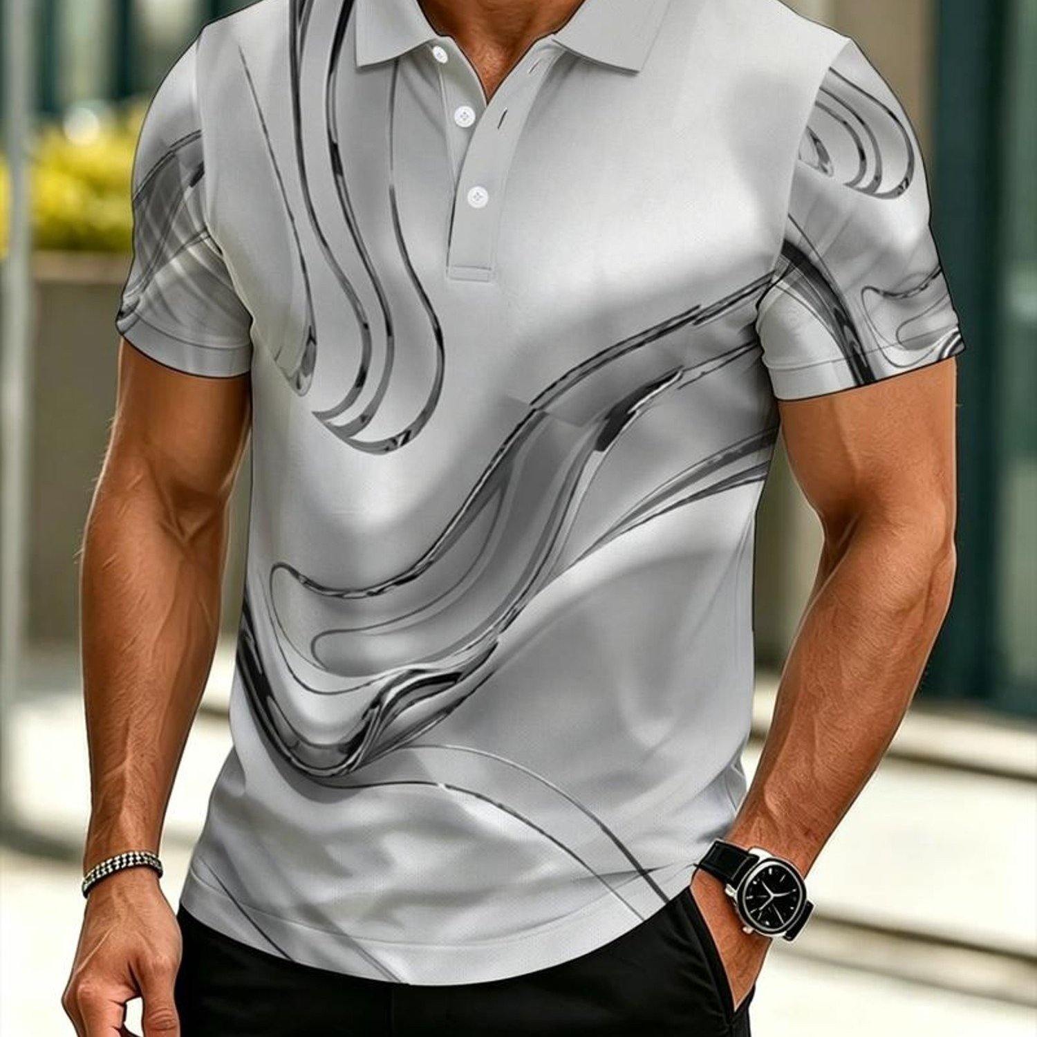 TEMU Men's Outdoor Shirt, New Summer Men's Shirt, Slim Fit Breathable Business Lapel Casual Versatile Commuting Short Sleeve, Abstract Silvery-white