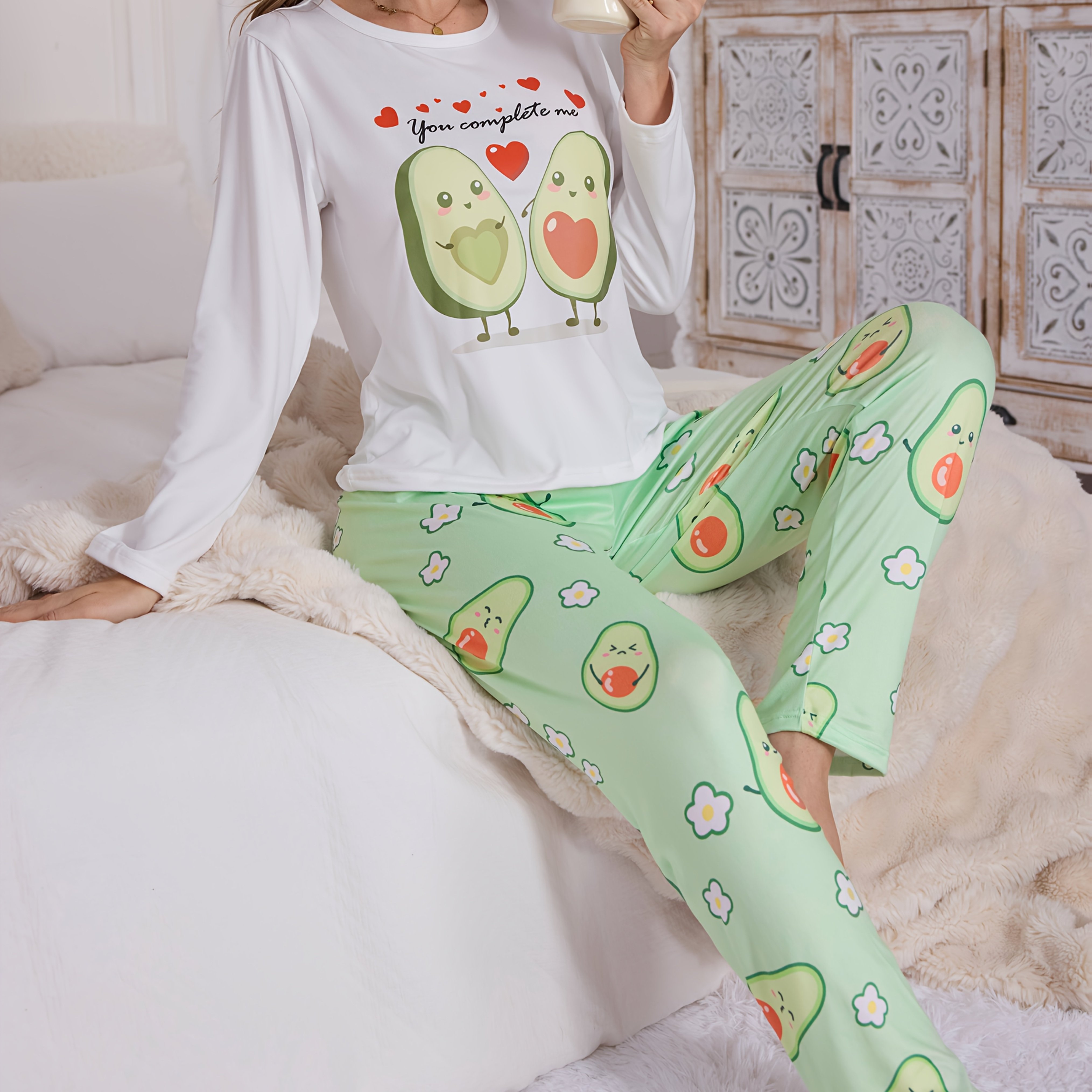 Pattern Print Round Neck Long Sleeve Top And Bow Tie Decor Long Pants Women's Pajama Set