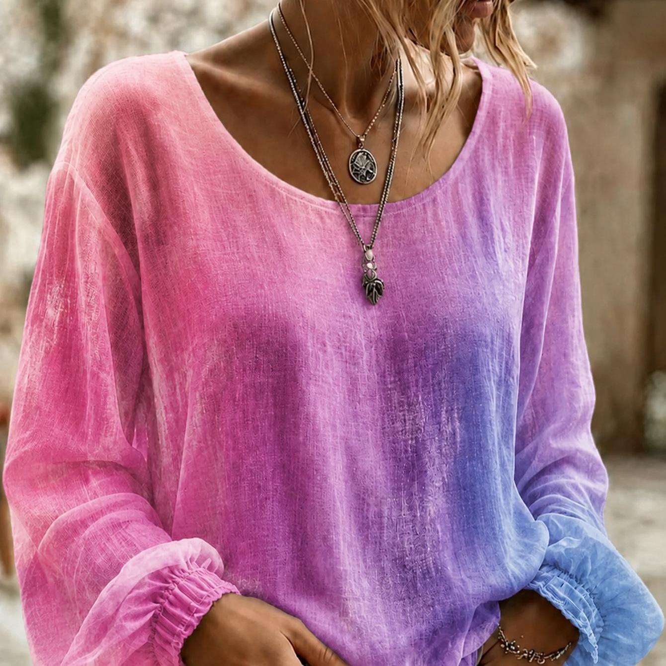 Plus Size, Plus Size Women's Long Sleeve Shirt Ombre Tie Dye Long Sleeve Blouse Boho Chic Loose Fit Round Neck Top For Women Casual Wear For A Birthday.loose Casual Loungewear For Daily & Vacation