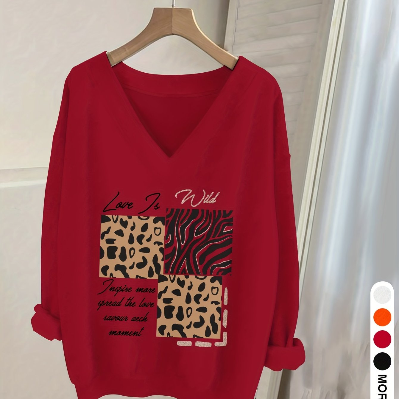E-shop 0829, Casual V-Ausschnitt Langarm-Sweatshirt mit Letter Print, Damen Langarm-Shirt, Langarm-Oberteil, Modisches Oberteil