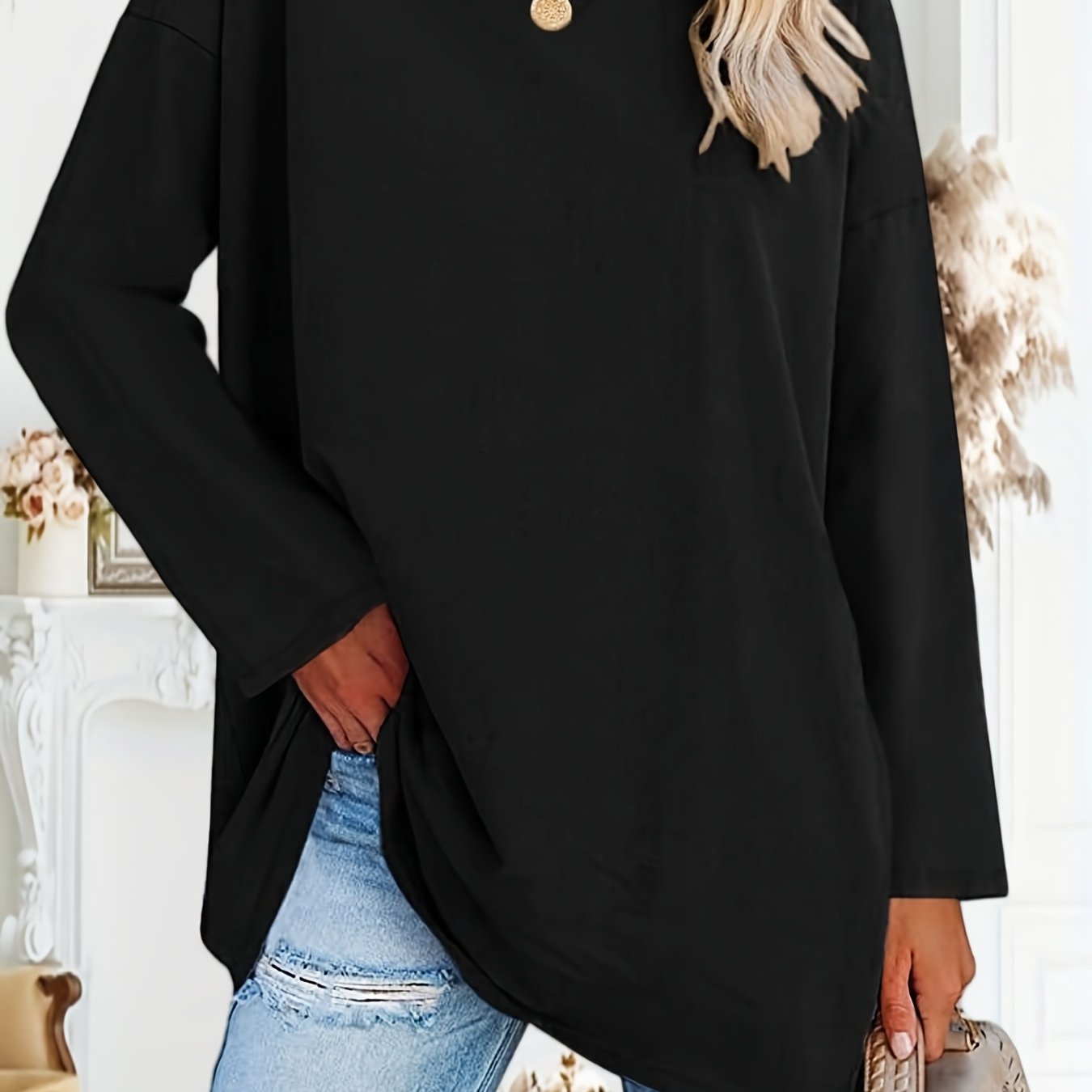 Extra-large Long-sleeve Women's V-neck Shirt, Basic Pullover Tunic Tee