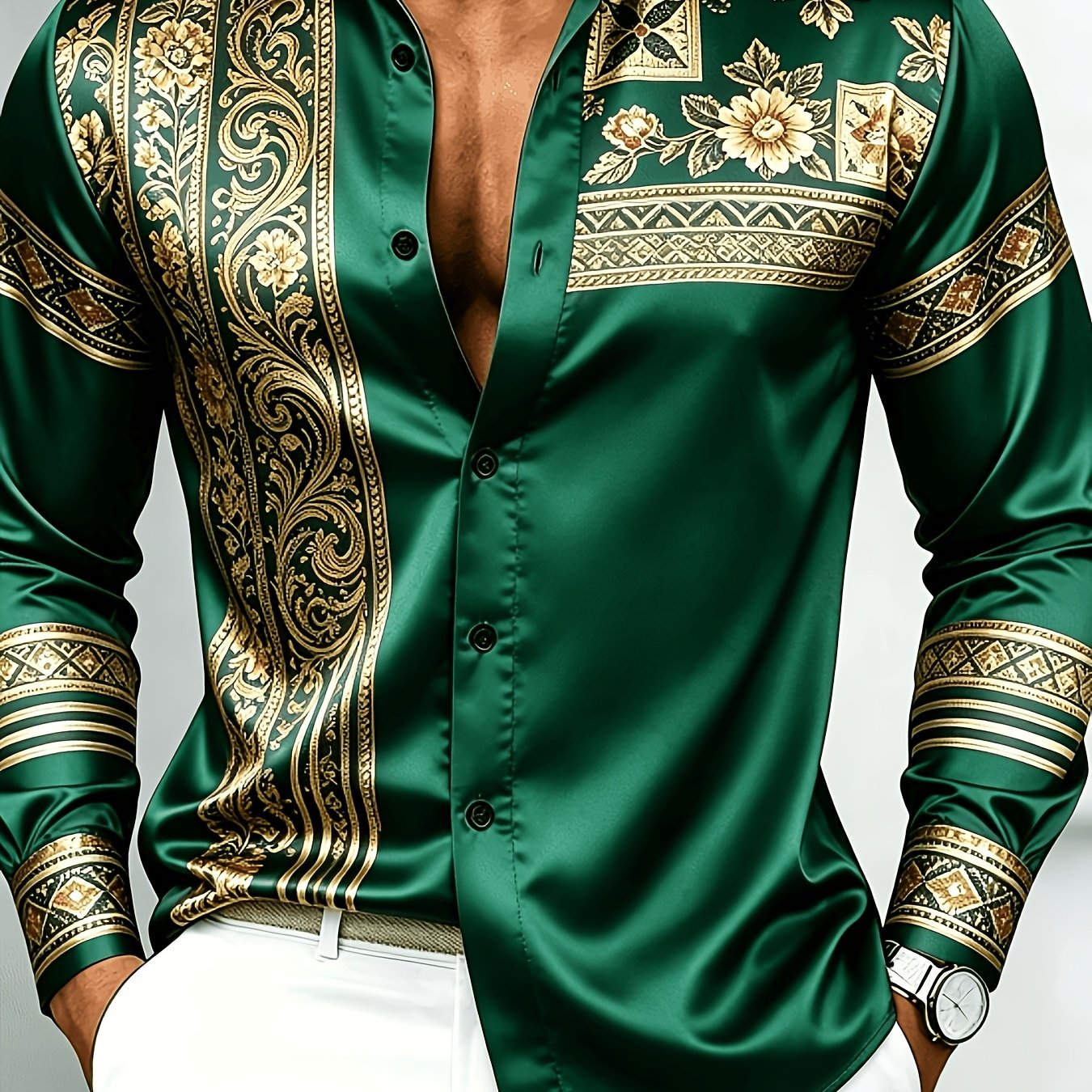 Image of Men's Dark Pattern Print Long Sleeve Button-up Shirt, Wrinkle-resistant Casual Party Business Top