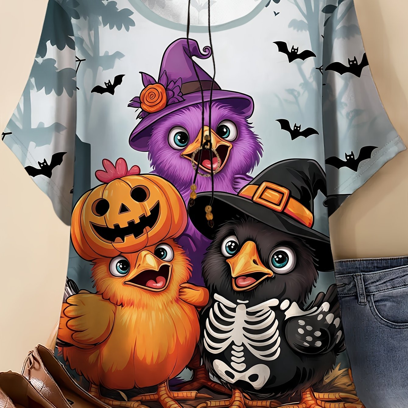 TEMU Plus Size, Women's Plus Size Witch Hat & Bat -compatible Short Sleeve Top - Loose Fit Round Neck Casual Summer Tunic With Chicks Print, Machine