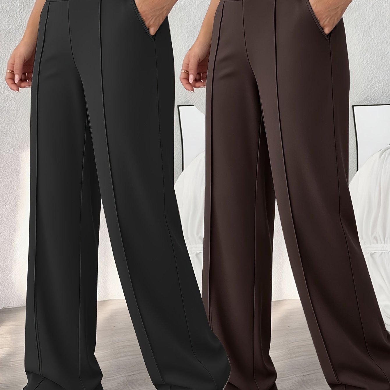 TEMU 2pcs Set - Women's Stretch High-waist Straight Leg Pants (2-pocket) Flowy Comfortable Wide-leg Trousers For Running, Outdoor, Fitness, Casual,