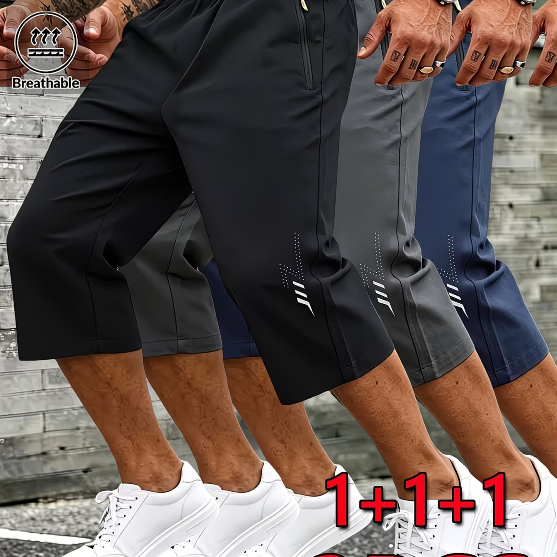 Image of 3pcs Men's Summer Athletic Casual Capri Pants Training Fitness Outdoor Running Breathable Comfortable Thin Fashion Zipper Pocket Drawstring Waistband