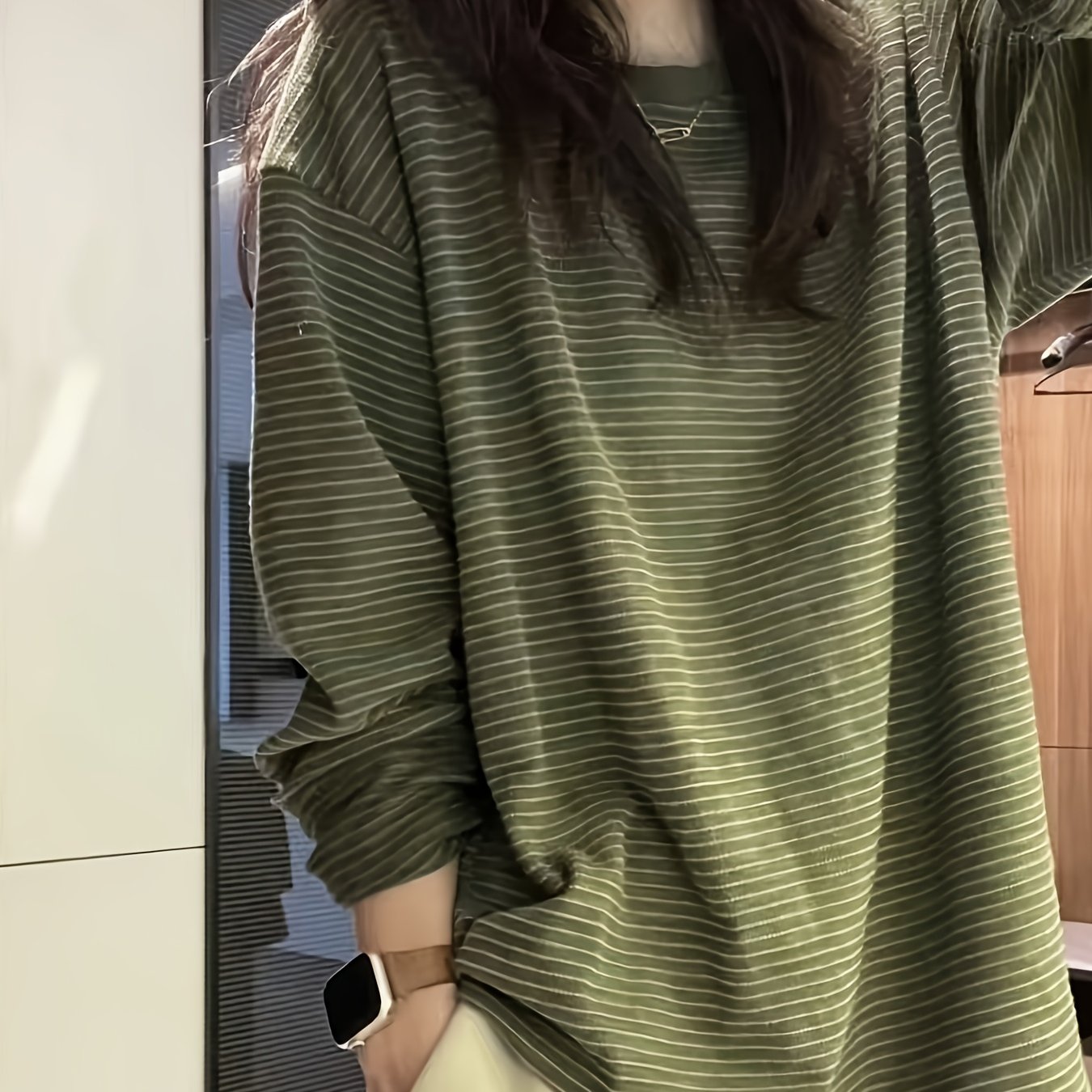 Image of Korean Loose Neck T-shirt, Oversized Top For Women, Spring Lazy Style Green Striped Round Neck Long Sleeve Sweater