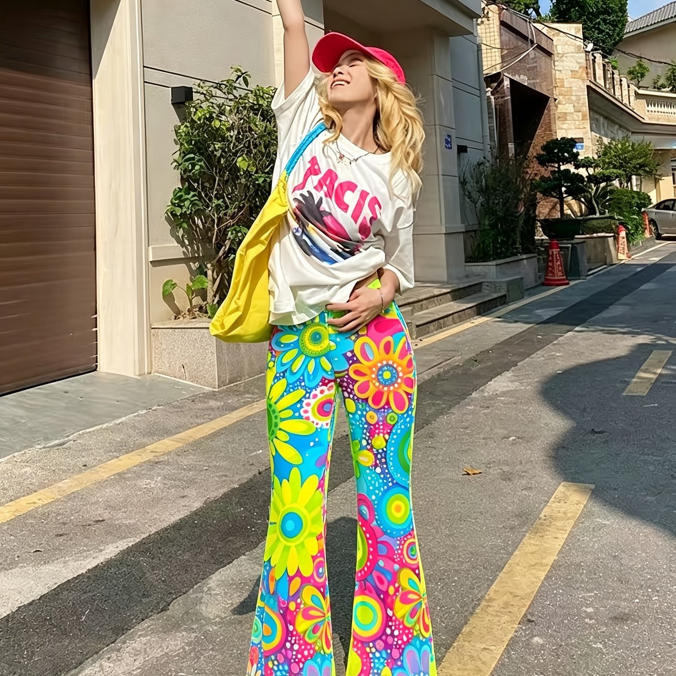 TEMU Pantalon évasé taille haute pour femme avec imprimé dopamine, coupe slim souple et extensible, pantalon décontracté , le club de nuit
